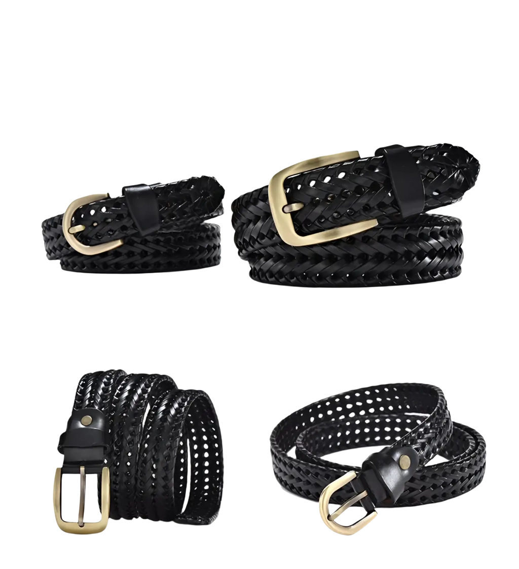 Men’s braided leather belt black woven cowskin strap with gold-toned perforated buckle for casual wear