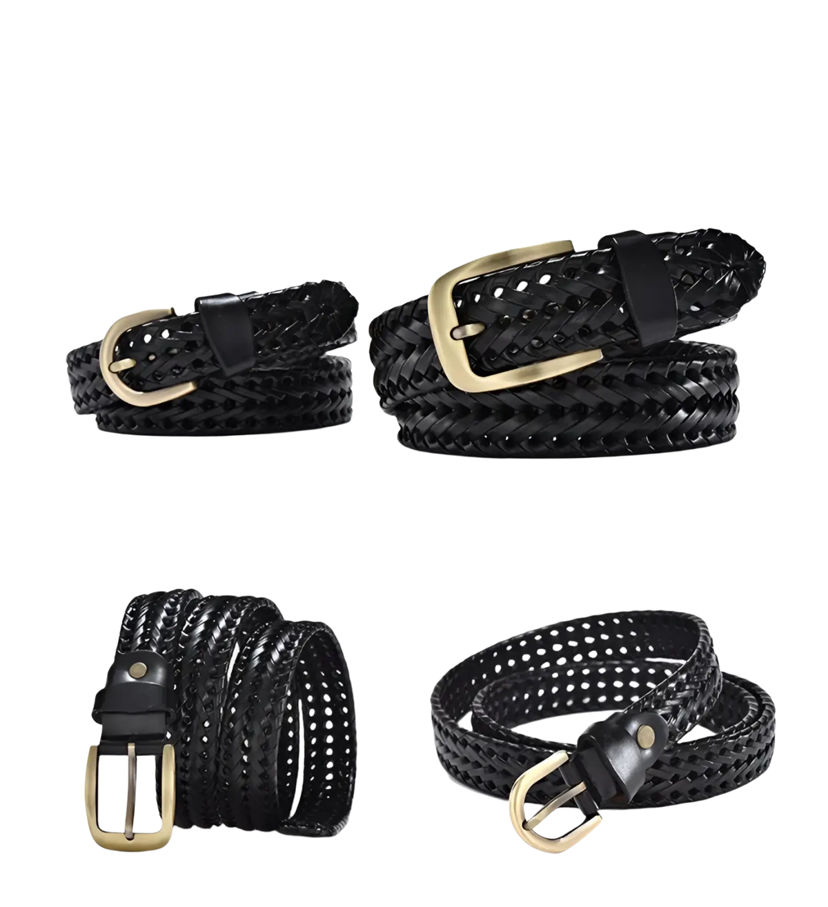 Men’s braided leather belt black woven cowskin strap with gold-toned perforated buckle for casual wear