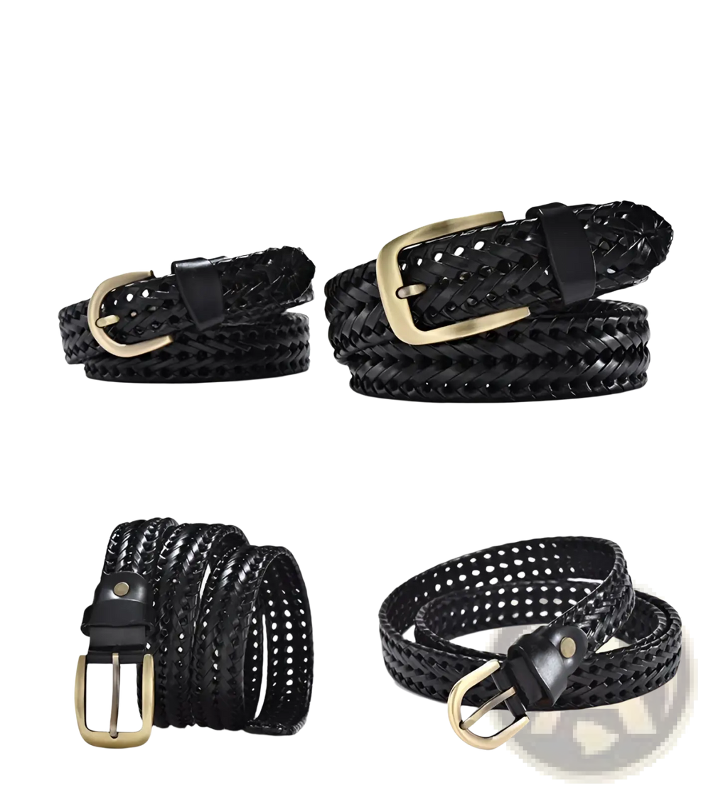 Men’s braided leather belt black woven cowskin strap with gold-toned perforated buckle for casual wear