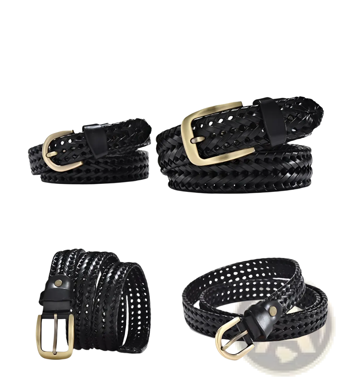Men’s braided leather belt black woven cowskin strap with gold-toned perforated buckle for casual wear