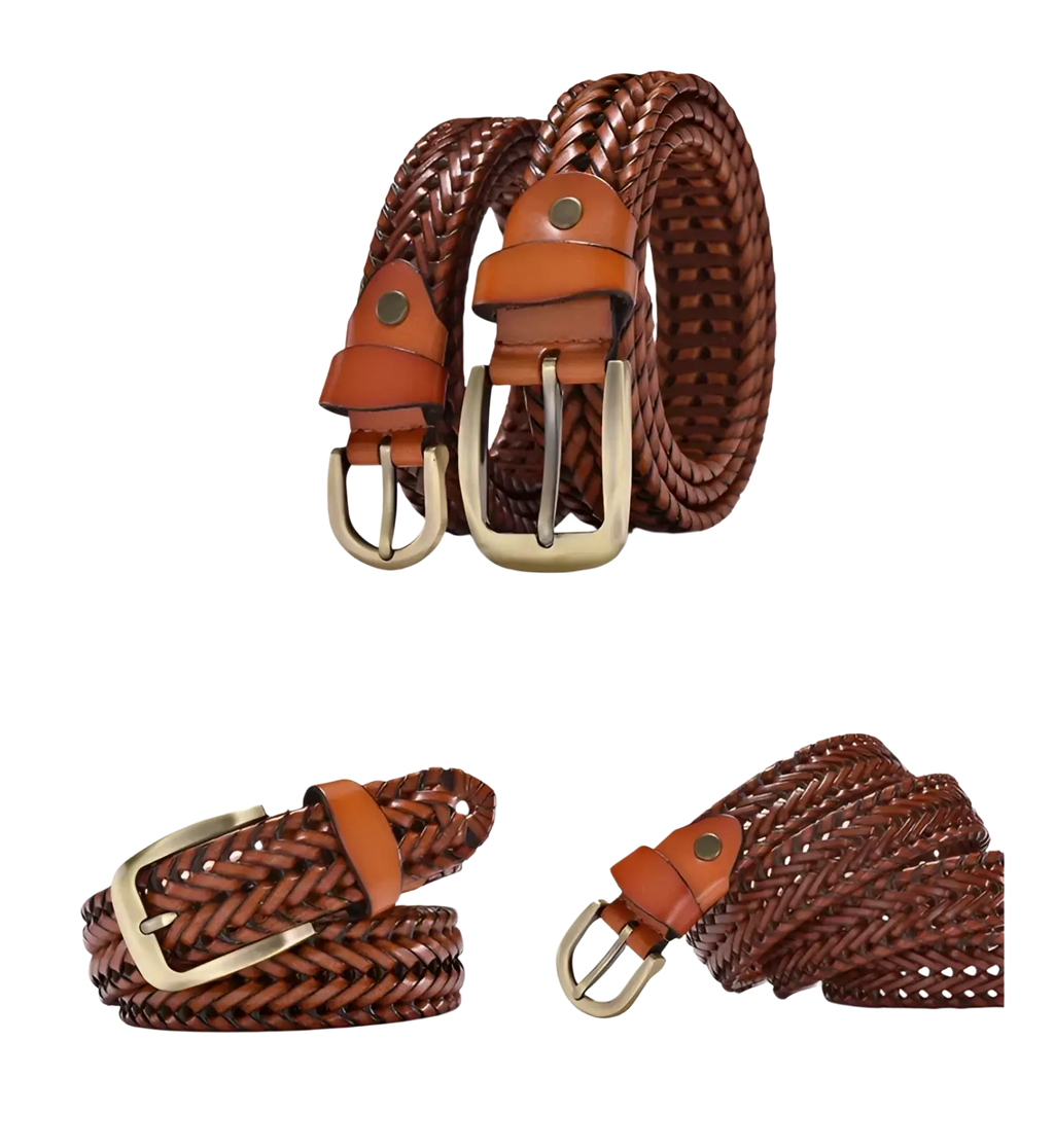 Men’s braided leather belt with brown cowskin strap tan leather tab and brass buckle for casual wear