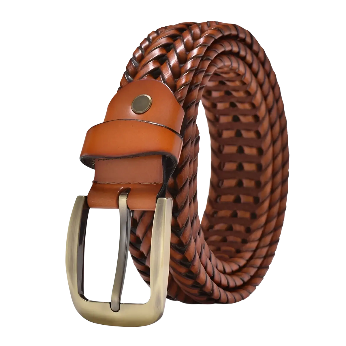 Men’s braided leather belt casual cowskin strap with brown braided leather, brass buckle, and tan leather tab