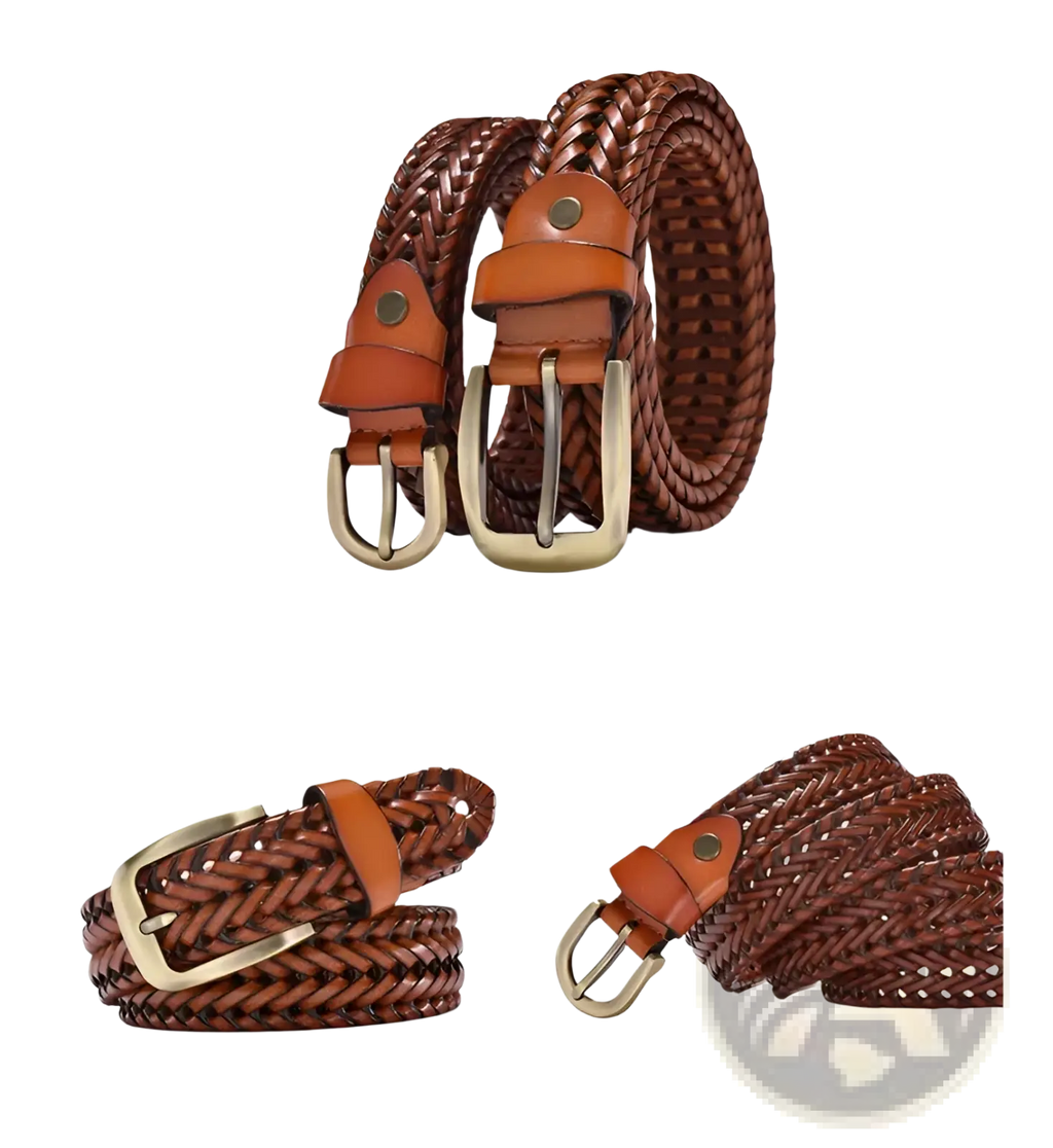 Men’s braided leather belt with brown cowskin strap tan leather tab and brass buckle for casual wear