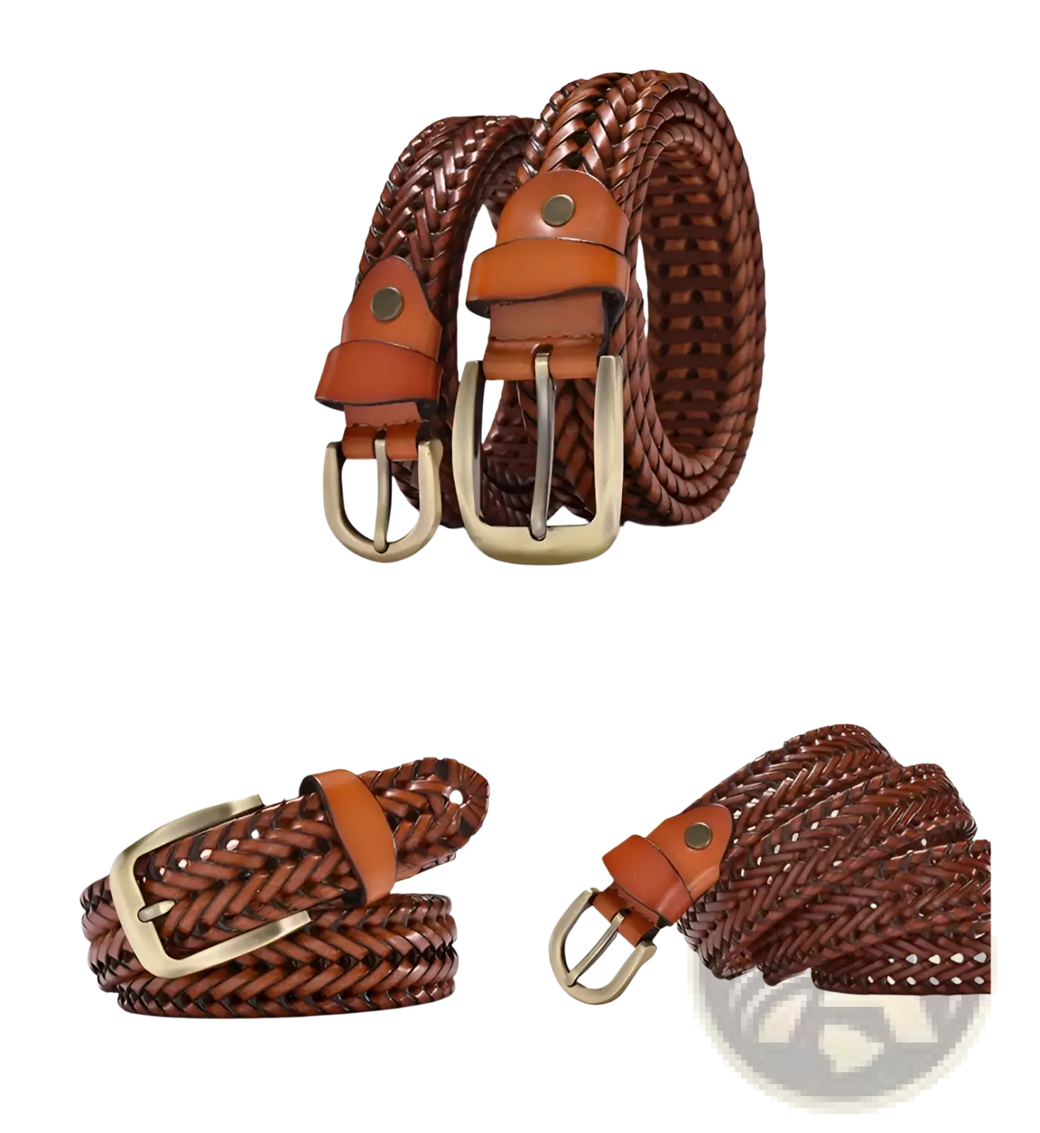 Men’s braided leather belt with brown cowskin strap tan leather tab and brass buckle for casual wear