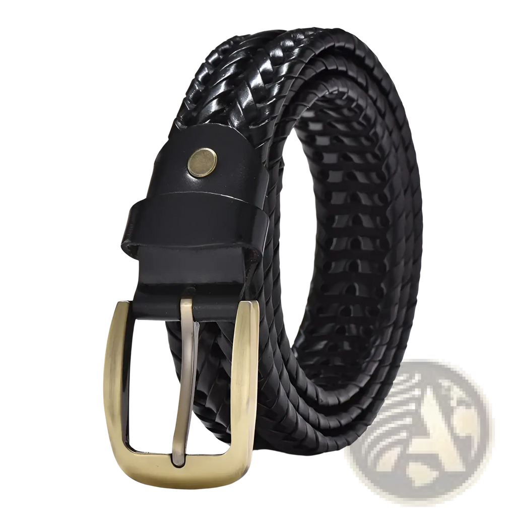 Black braided leather belt with gold toned buckle casual cowskin strap for men