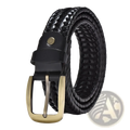 Black braided leather belt with gold toned buckle casual cowskin strap for men