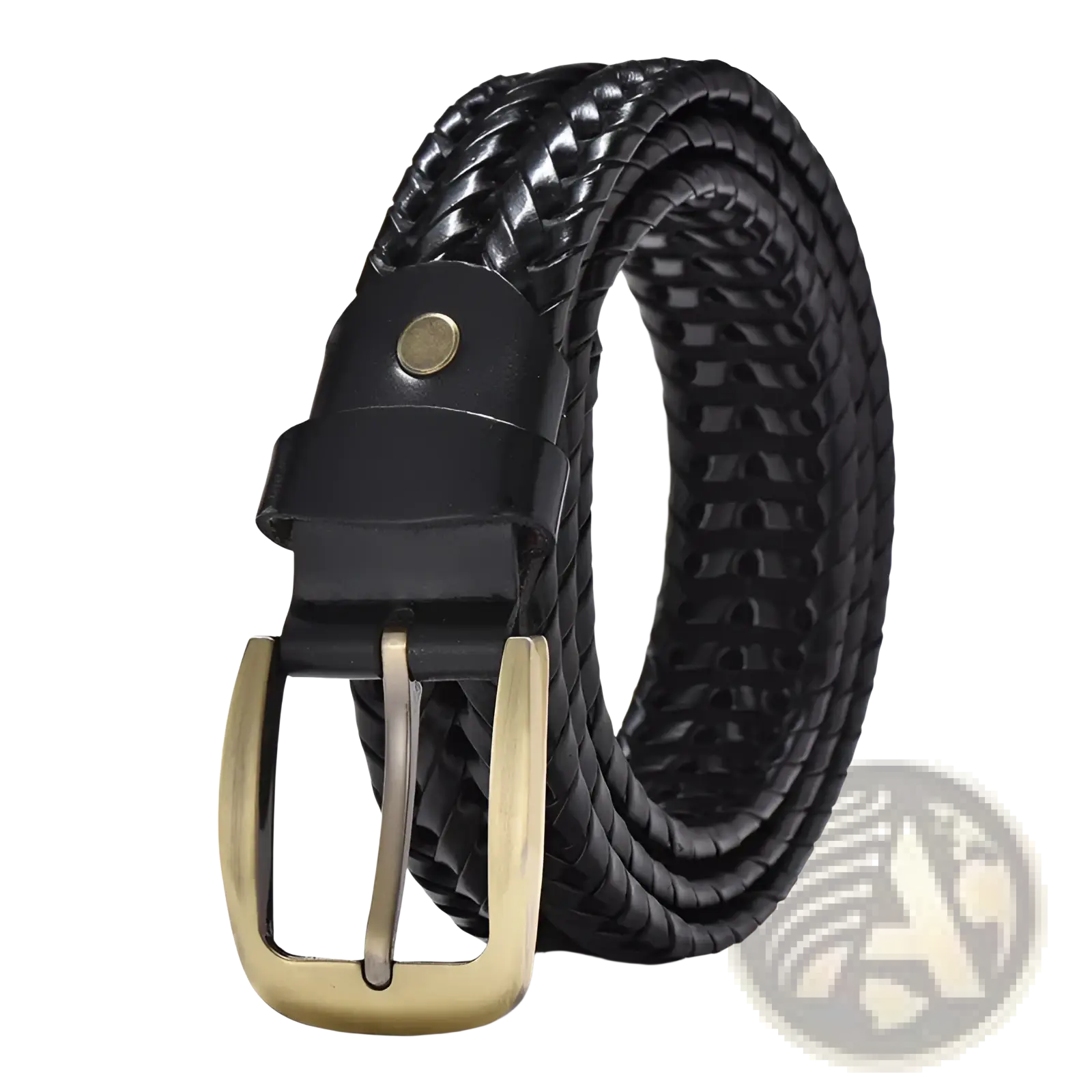 Black braided leather belt with gold toned buckle casual cowskin strap for men