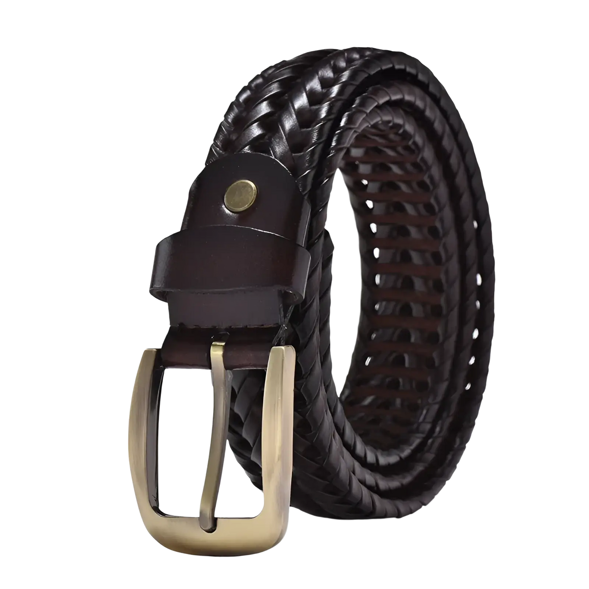 Men’s casual dark brown braided leather belt with cowskin strap and brass toned buckle