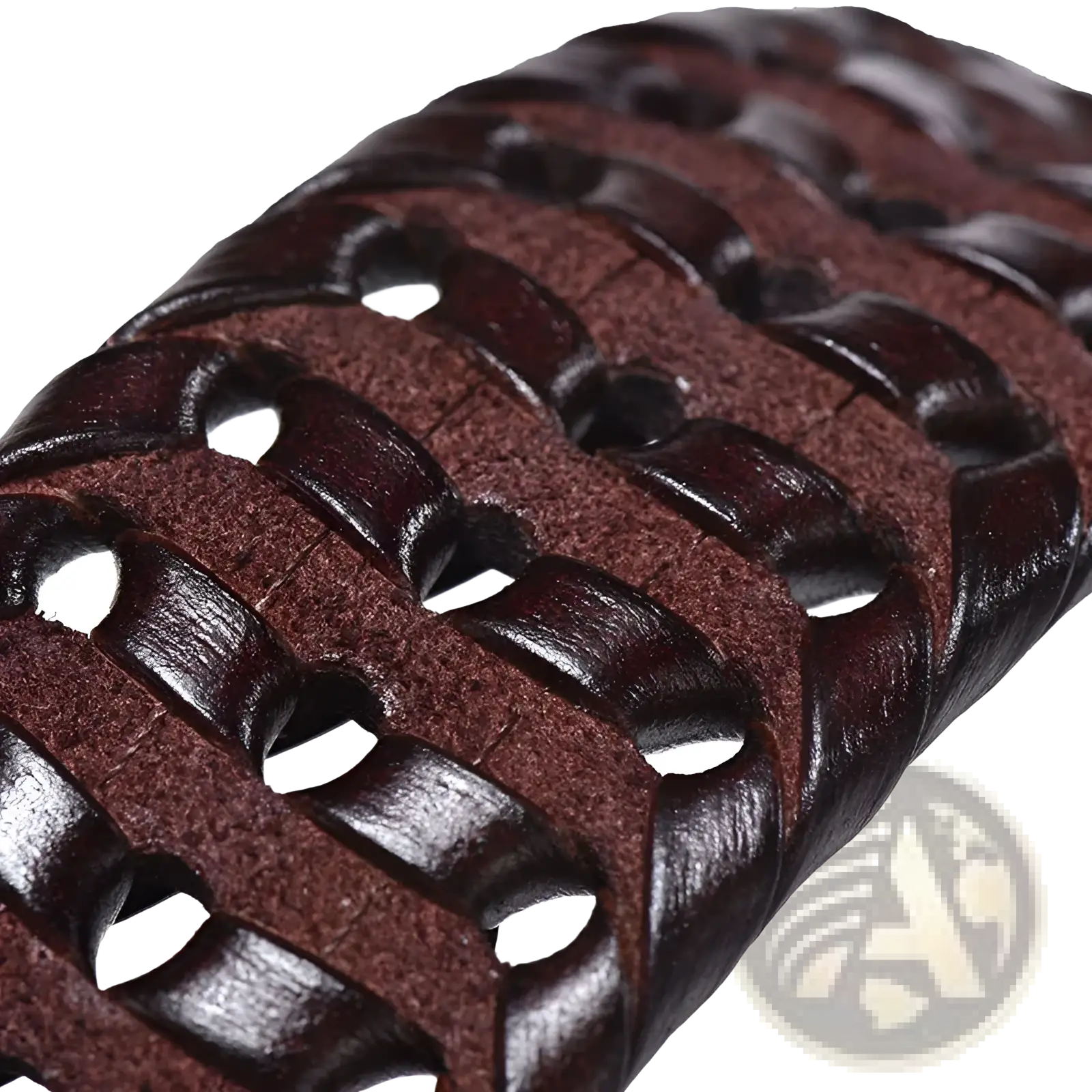 Men’s braided leather belt with dark brown woven cowskin strap featuring a textured interlaced pattern