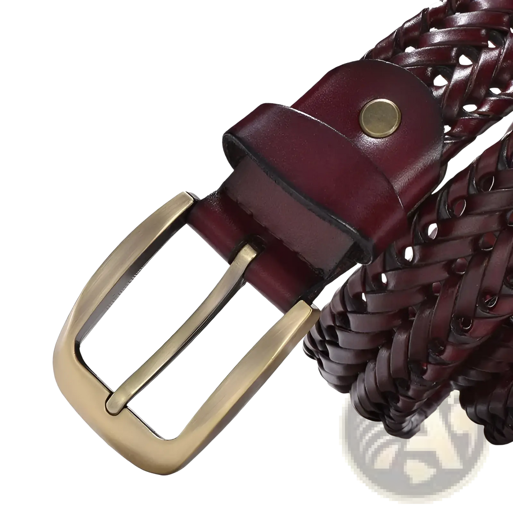 Men’s braided leather belt in rich burgundy cowskin with brass-toned buckle and metal rivet for casual wear
