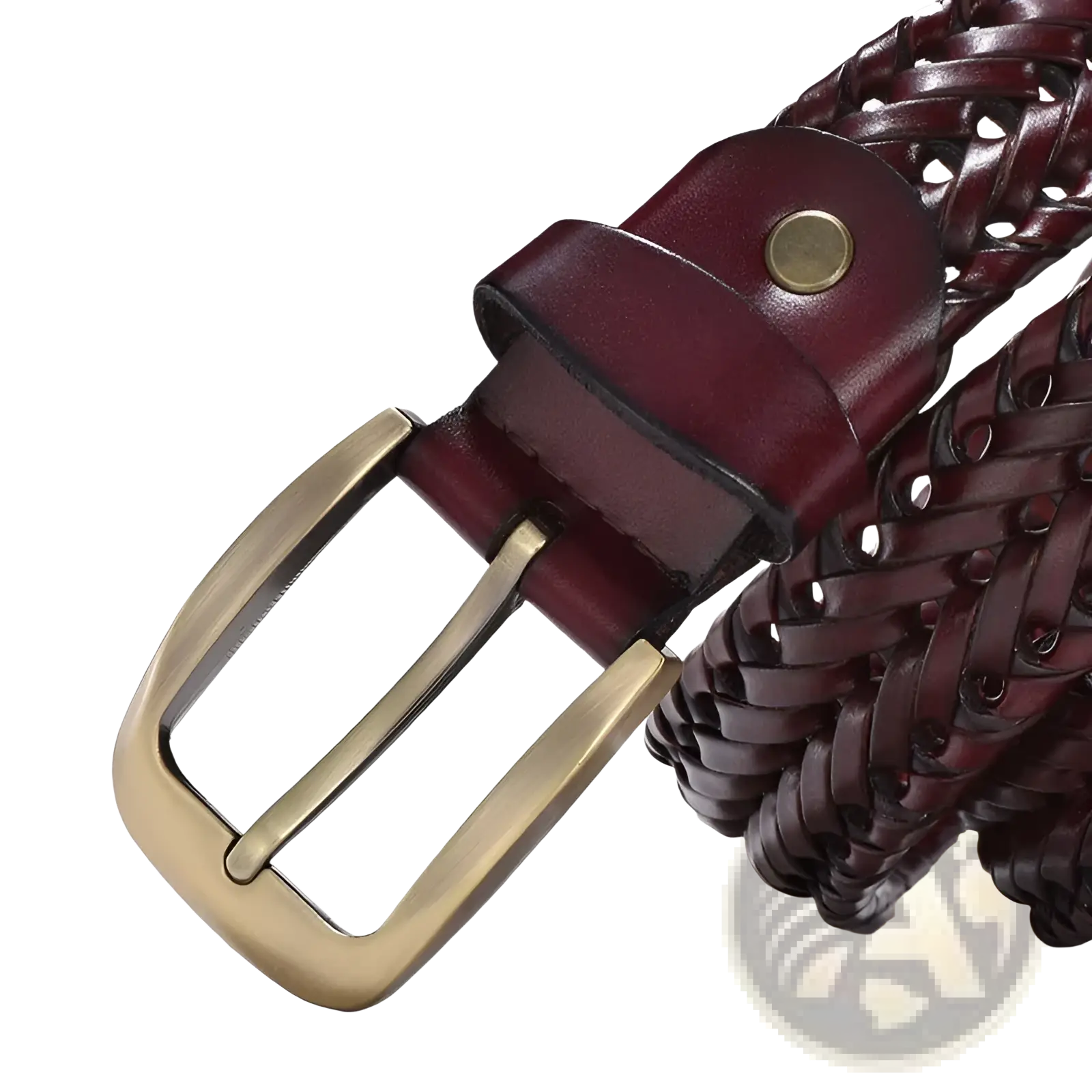 Men’s braided leather belt in rich burgundy cowskin with brass-toned buckle and metal rivet for casual wear