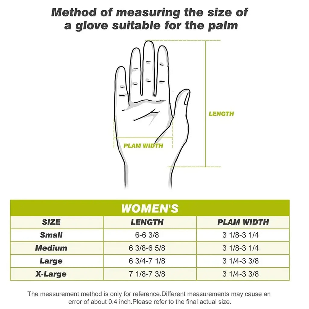 Diagram showing how to measure palm size for men’s breathable anti-slip left-hand golf glove with women’s sizing chart