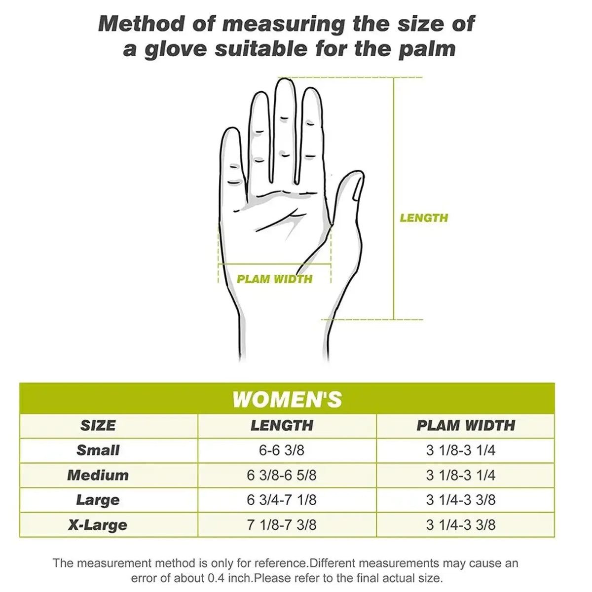 Diagram showing how to measure palm size for men’s breathable anti-slip left-hand golf glove with women’s sizing chart