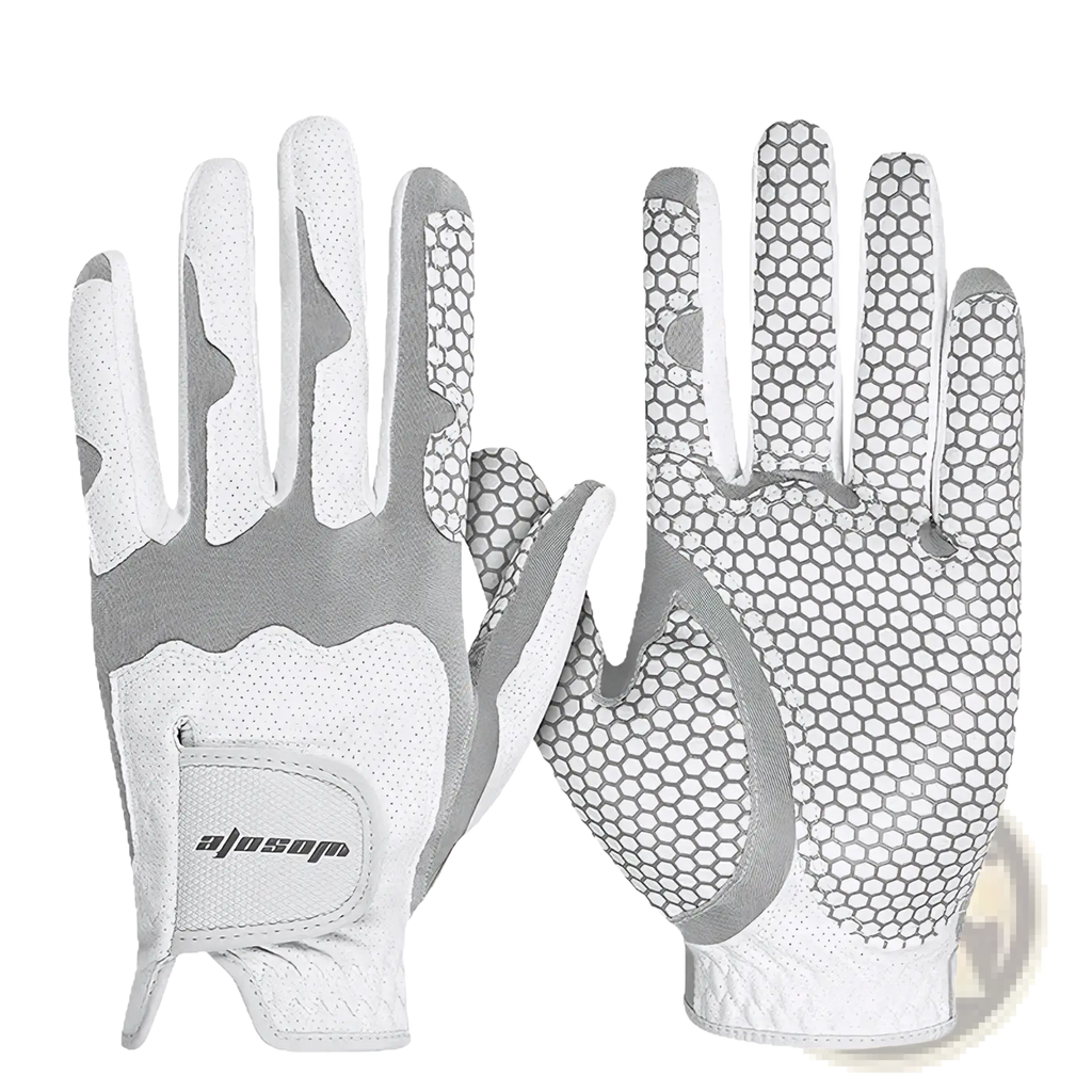White and gray men’s breathable anti-slip left-hand golf glove with honeycomb grip and adjustable wrist strap, back side view