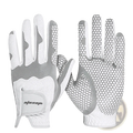 White and gray men’s breathable anti-slip left-hand golf glove with honeycomb grip and adjustable wrist strap, back side view