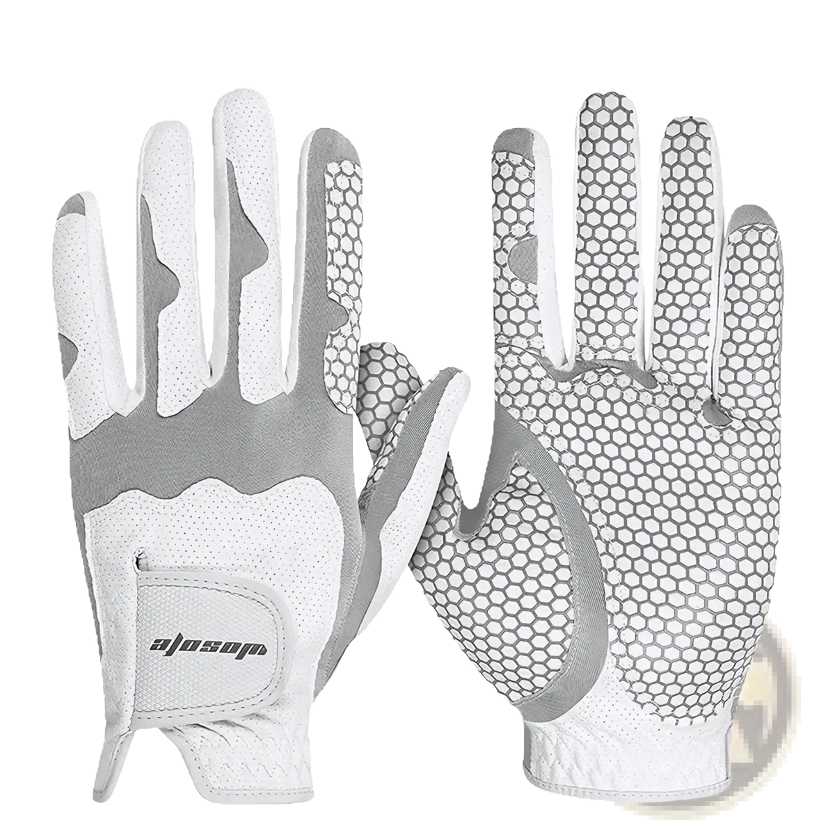 White and gray men’s breathable anti-slip left-hand golf glove with honeycomb grip and adjustable wrist strap, back side view