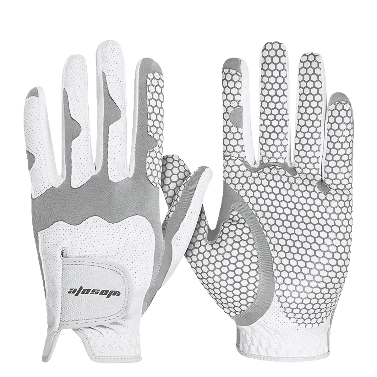 White and gray men’s breathable anti-slip left-hand golf glove with honeycomb grip and adjustable wrist strap, back side view