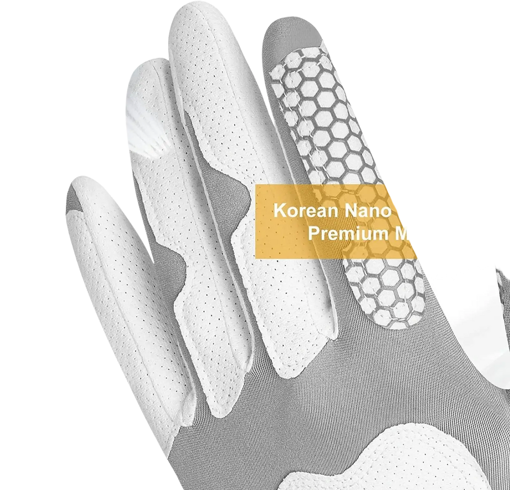 Men’s breathable anti-slip left-hand golf glove in white and gray with perforated fabric and hexagonal grip on back