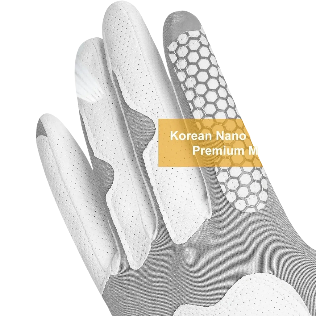 Men’s breathable anti-slip left-hand golf glove in white and gray with nano material and hexagonal pattern on back side