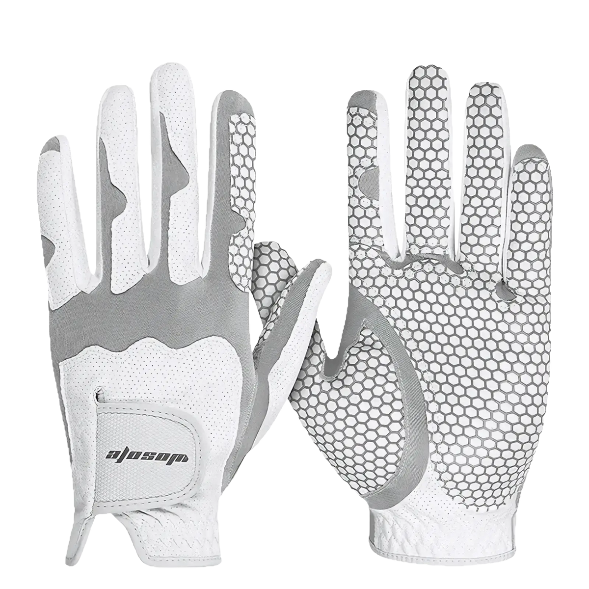 Men’s breathable anti-slip left-hand golf glove in white and gray with honeycomb palm texture and perforated fingers
