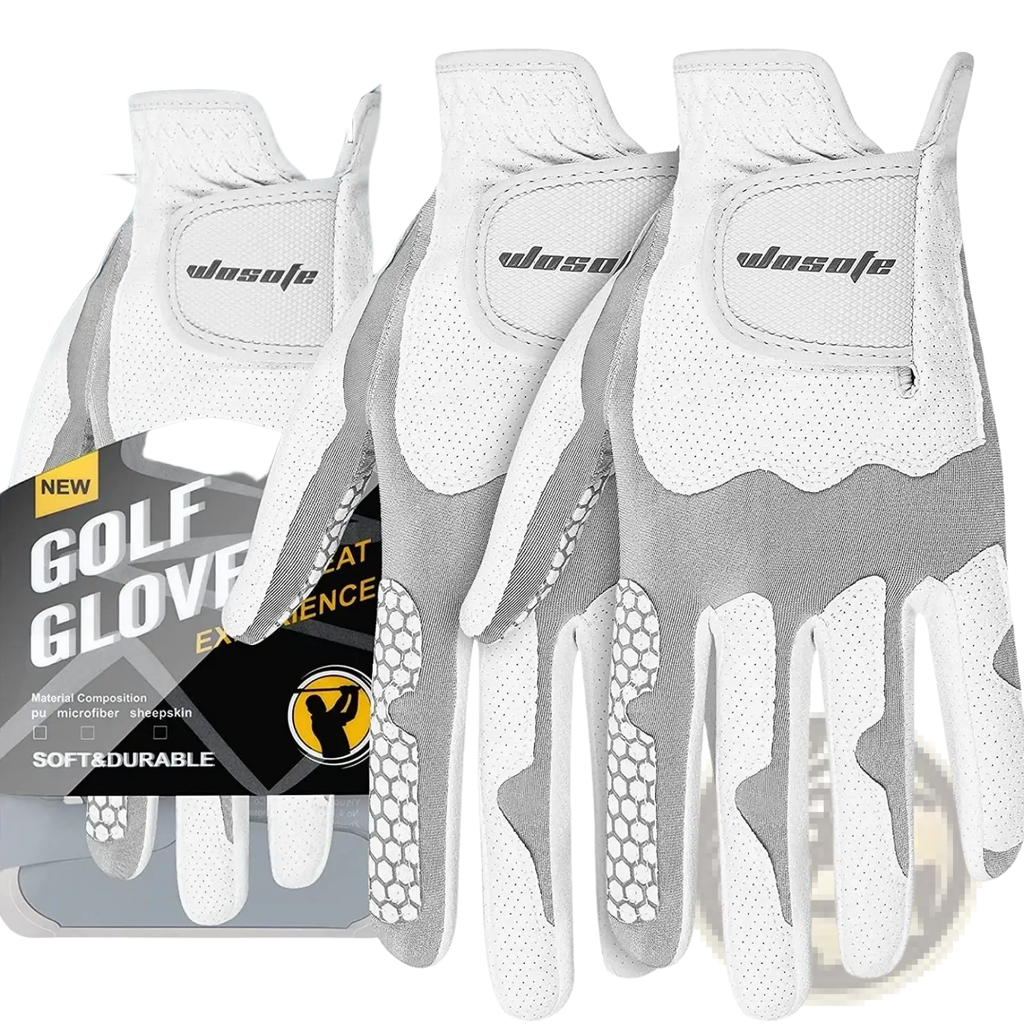 Men’s breathable anti-slip left-hand golf glove with white and gray wosafe material perforated microfiber palm and sheepskin accents