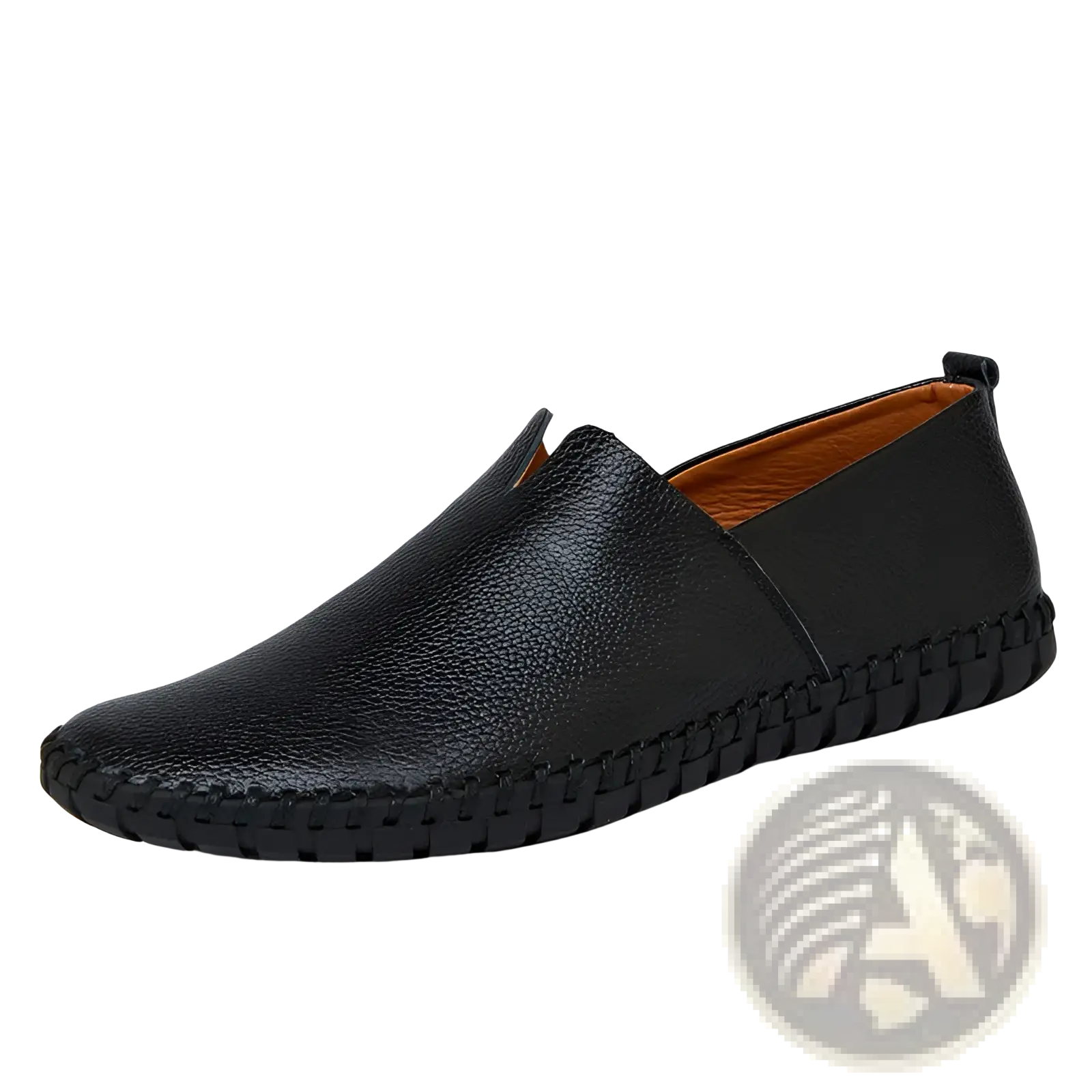 Black leather slip-on men’s breathable driving loafer with textured surface and braided rubber sole in large sizes