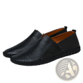 Mens breathable black leather slip-on driving loafers with perforated detailing and braided rubber sole in large sizes