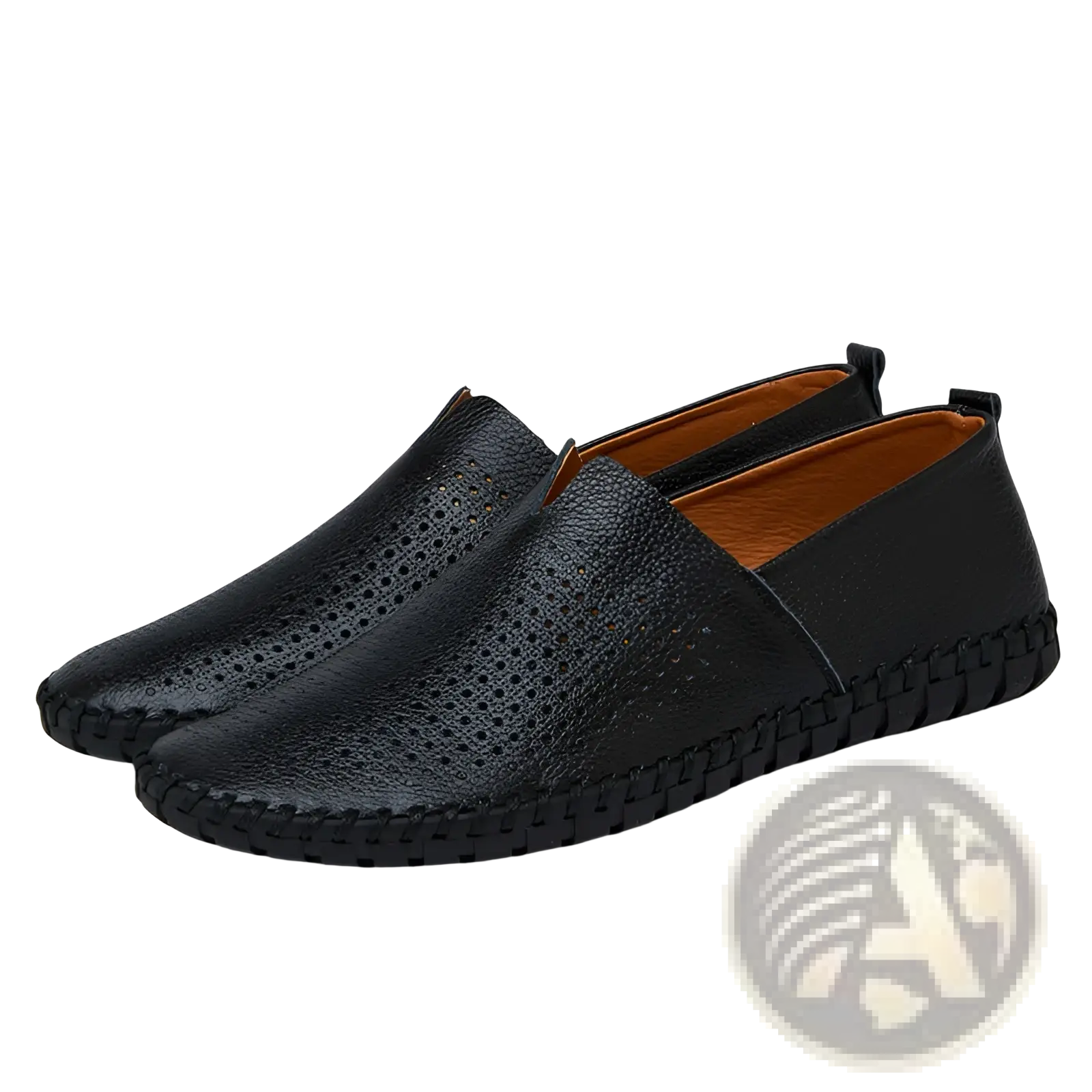 Mens breathable black leather slip-on driving loafers with perforated detailing and braided rubber sole in large sizes