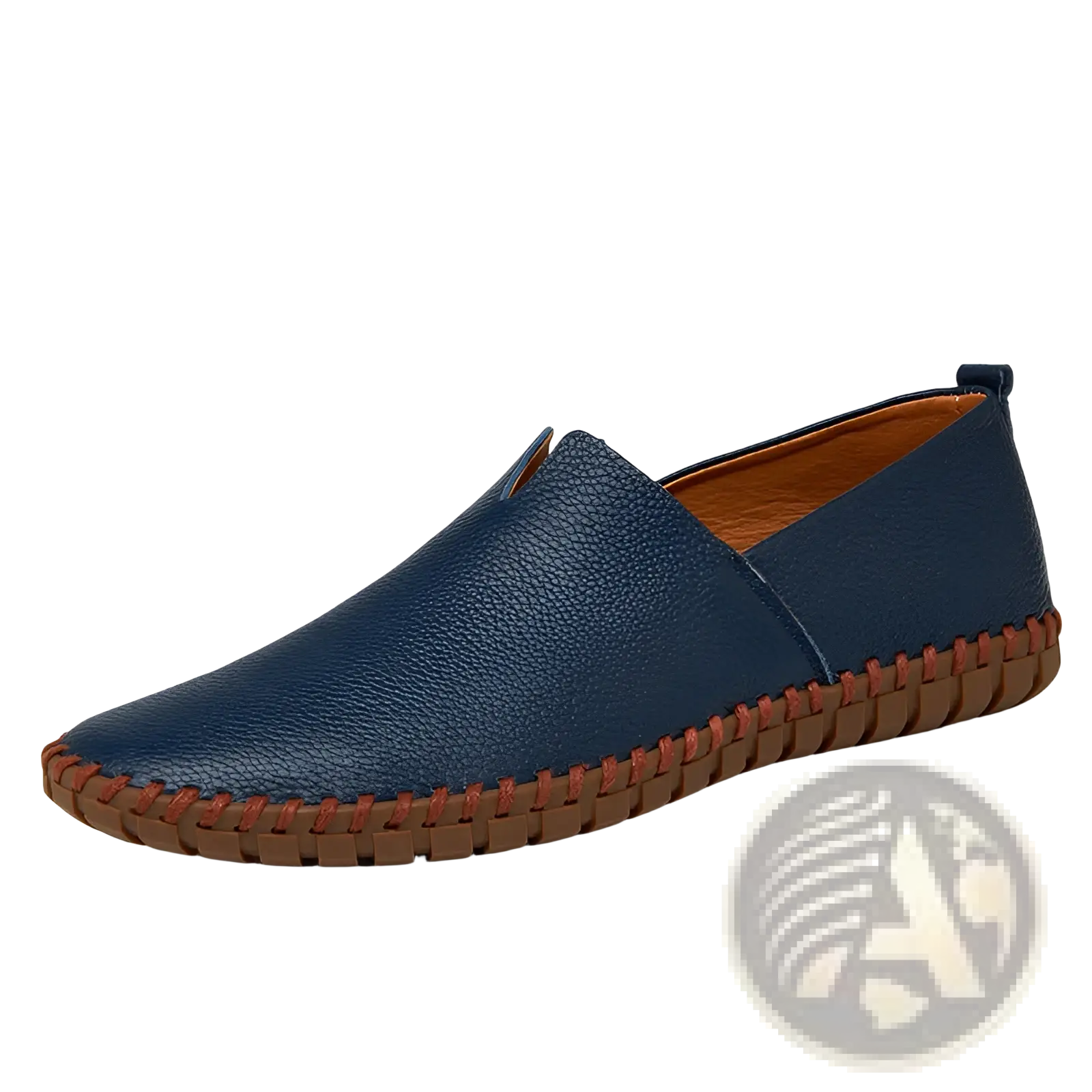 Navy blue leather slip-on loafer with brown stitched detailing and a tan interior lining