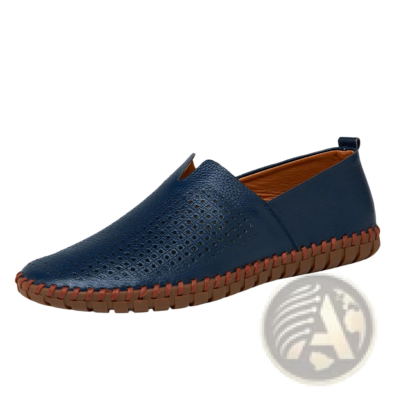 Men’s breathable navy blue perforated leather driving loafers with brown stitched sole and lining in large sizes