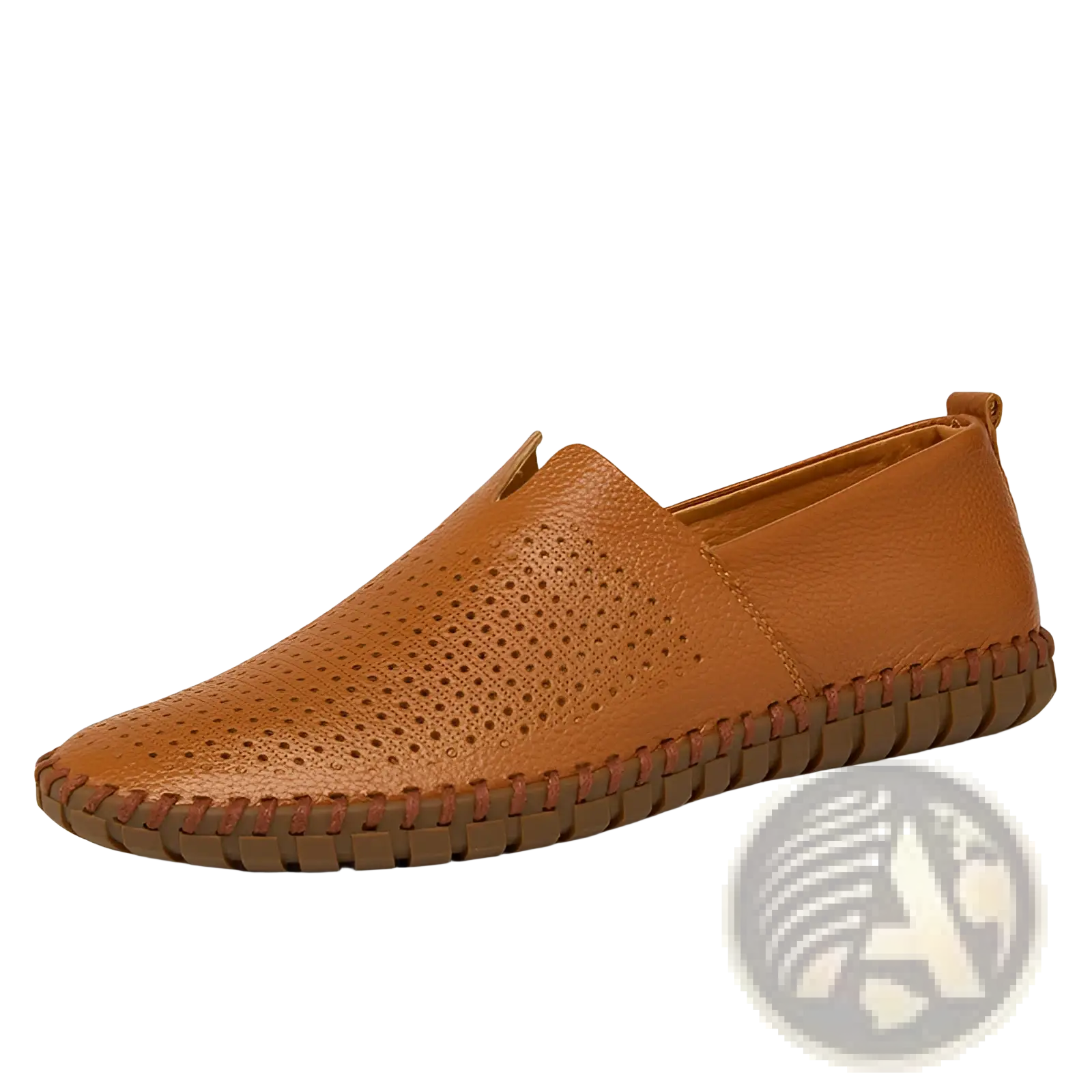 Men’s breathable tan leather driving loafers slip-on with perforated detailing and braided stitching along the sole