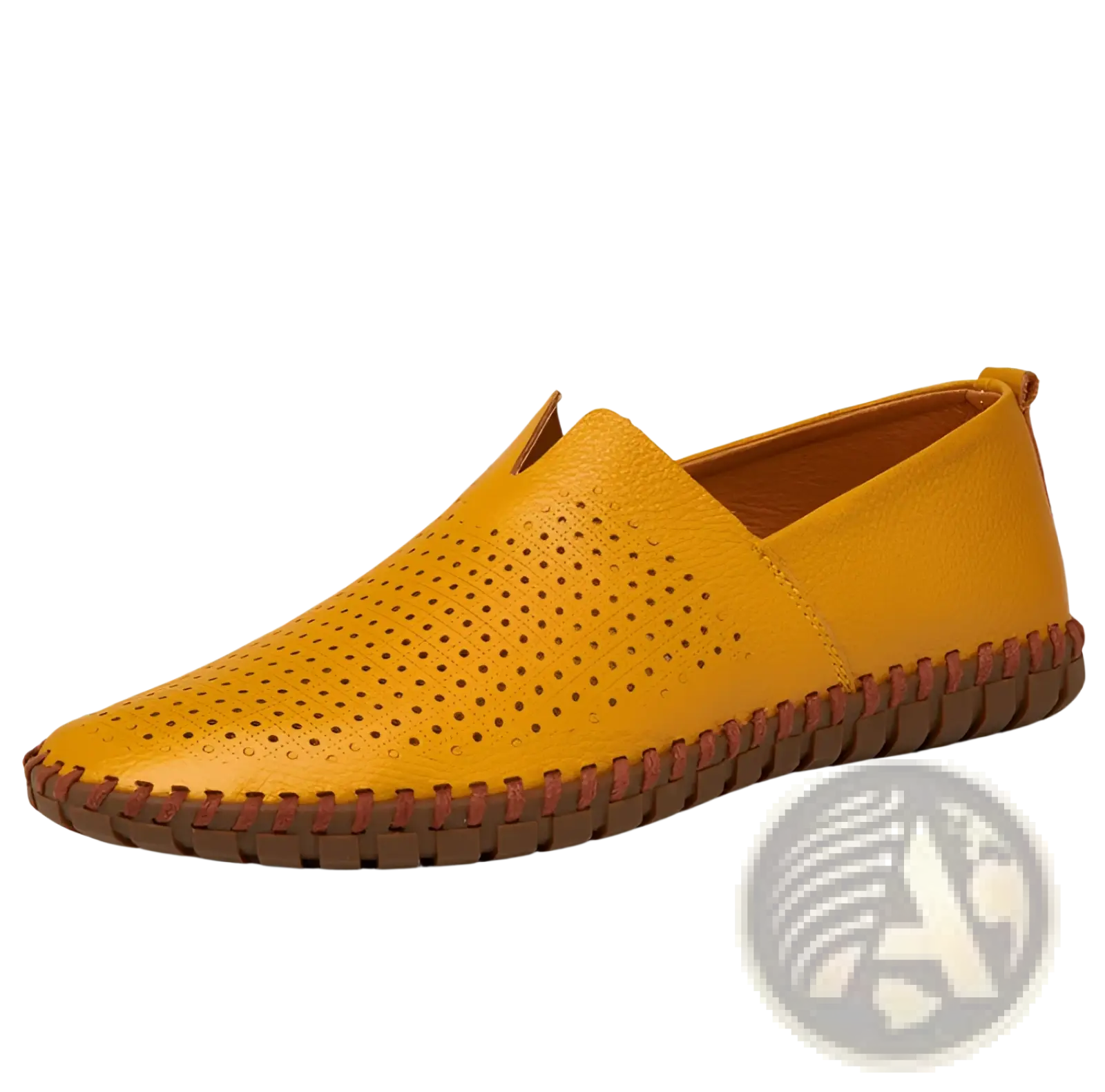 Men’s mustard-yellow breathable leather driving loafer with perforated detailing and brown stitched sole in large sizes