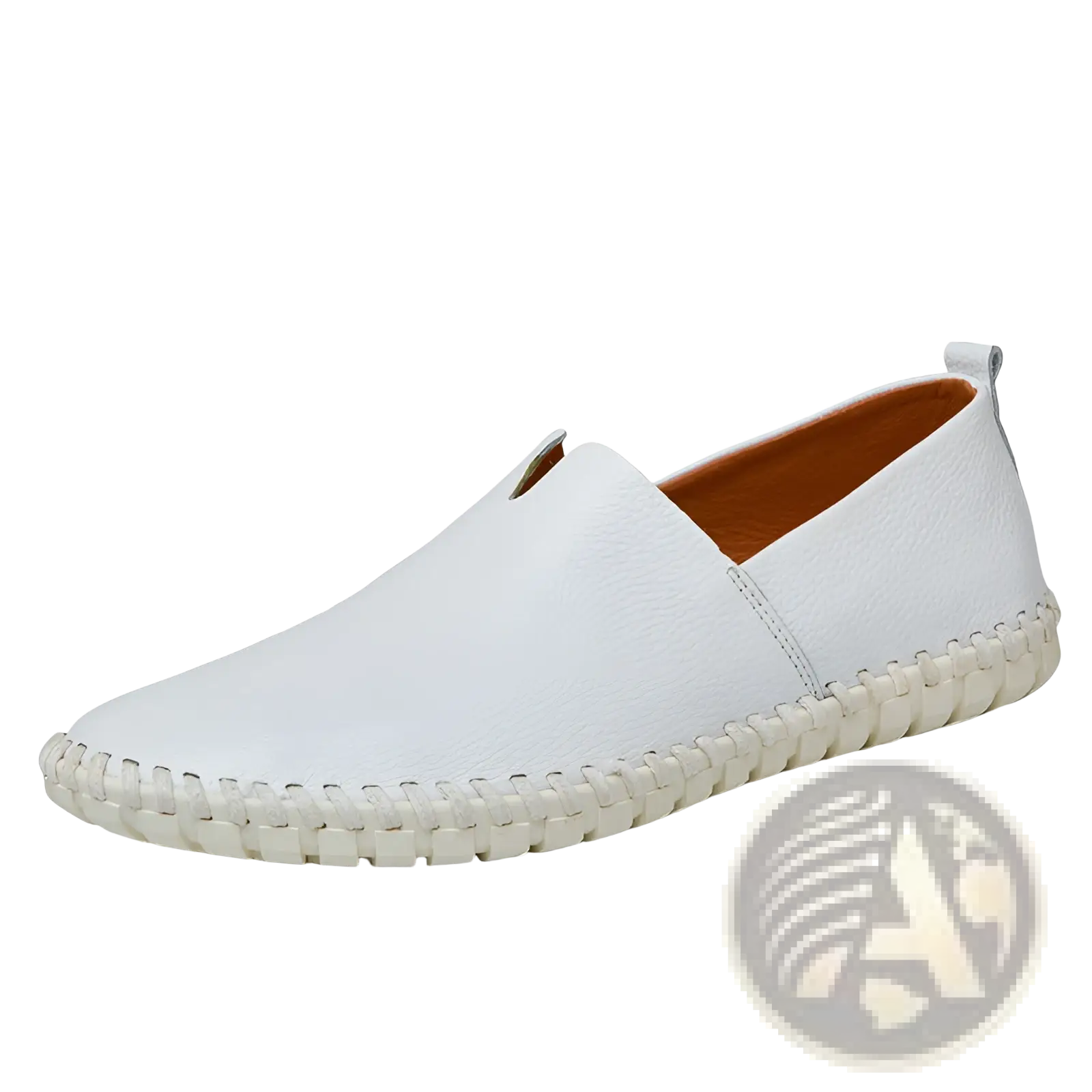 Men’s breathable white leather slip-on driving loafers with braided sole and tan interior lining in large sizes