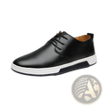 Men’s black breathable leather lace-up sneakers with white non-slip rubber sole designed for comfort and durability