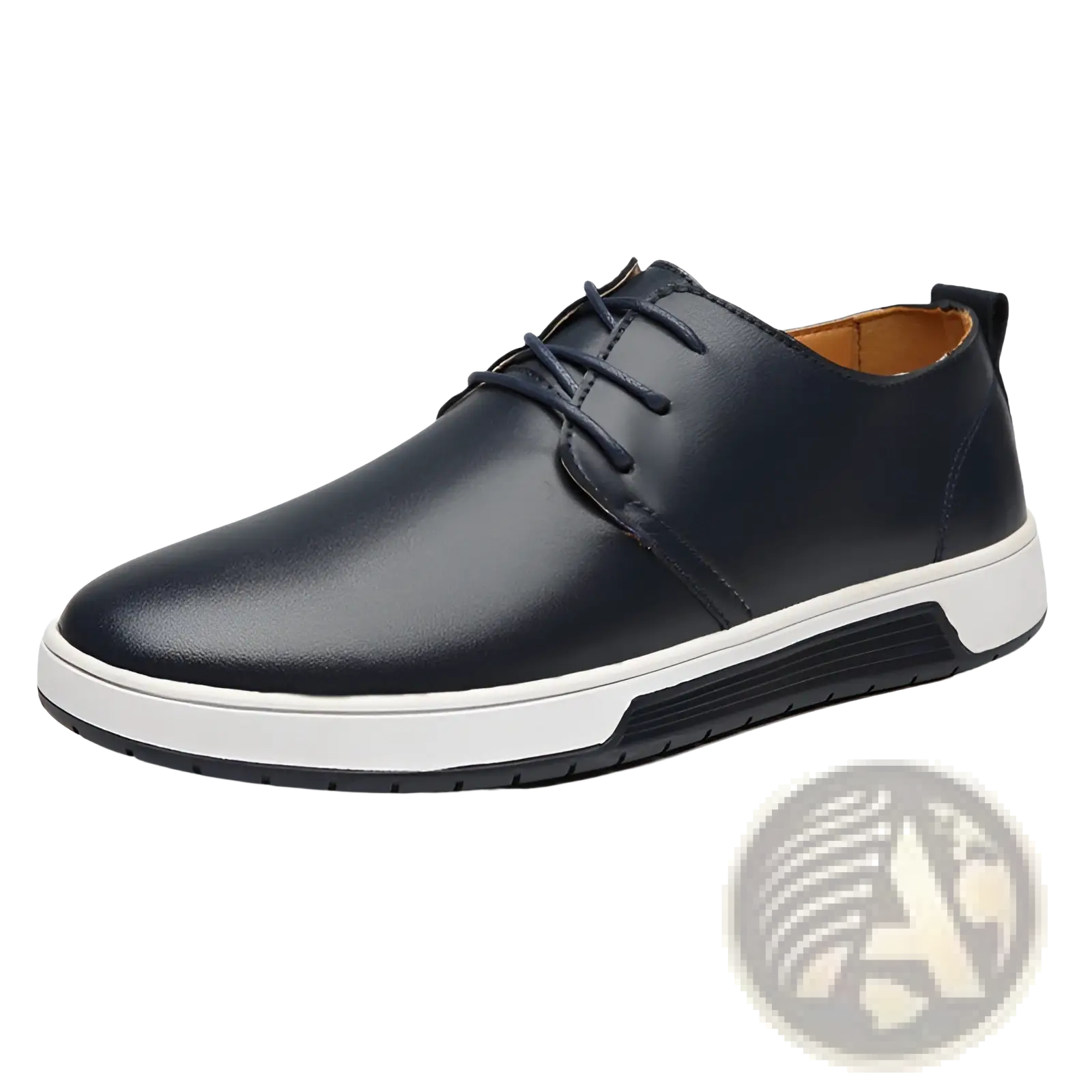 Men’s breathable dark navy leather lace-up sneaker with white rubber sole and tan interior non-slip shoe