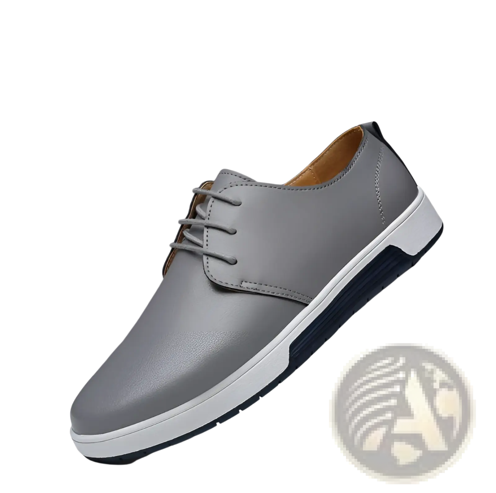 Men’s breathable gray leather lace-up sneakers with white and navy blue non-slip sole