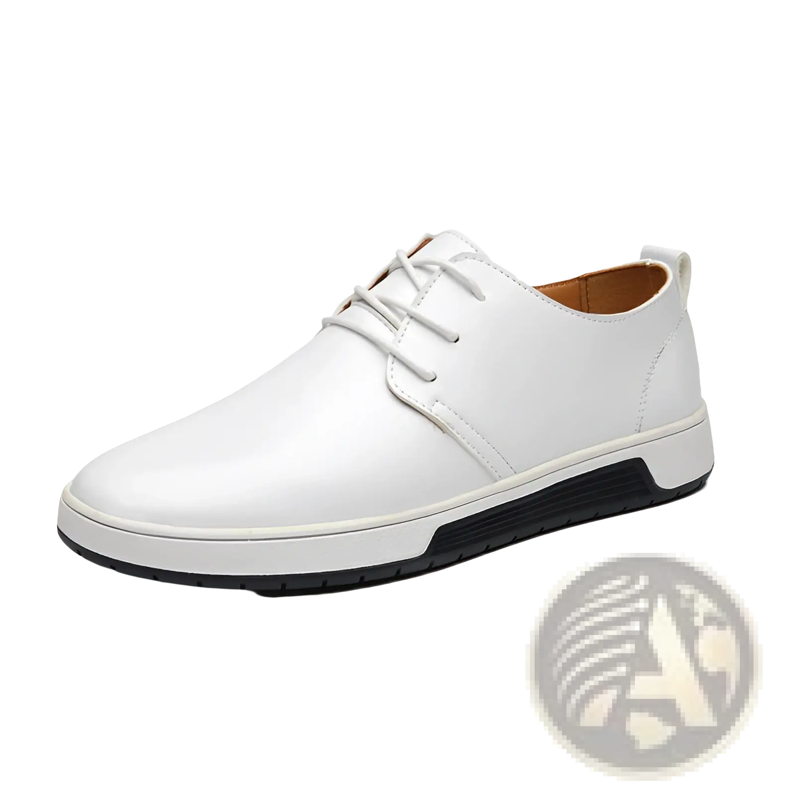 White leather breathable men’s lace-up sneakers with non-slip black rubber sole and white laces