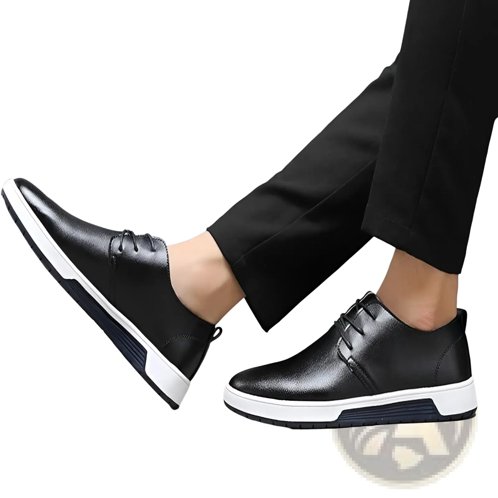 Black leather men’s breathable lace-up sneakers with white rubber sole and navy blue accent stripes non-slip shoes