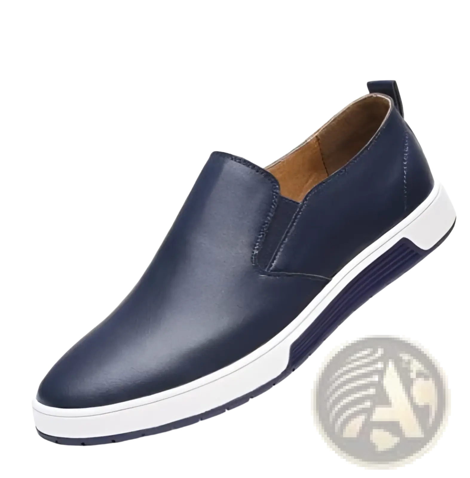 Navy blue leather men’s breathable slip-on sneakers with white rubber sole and non-slip features