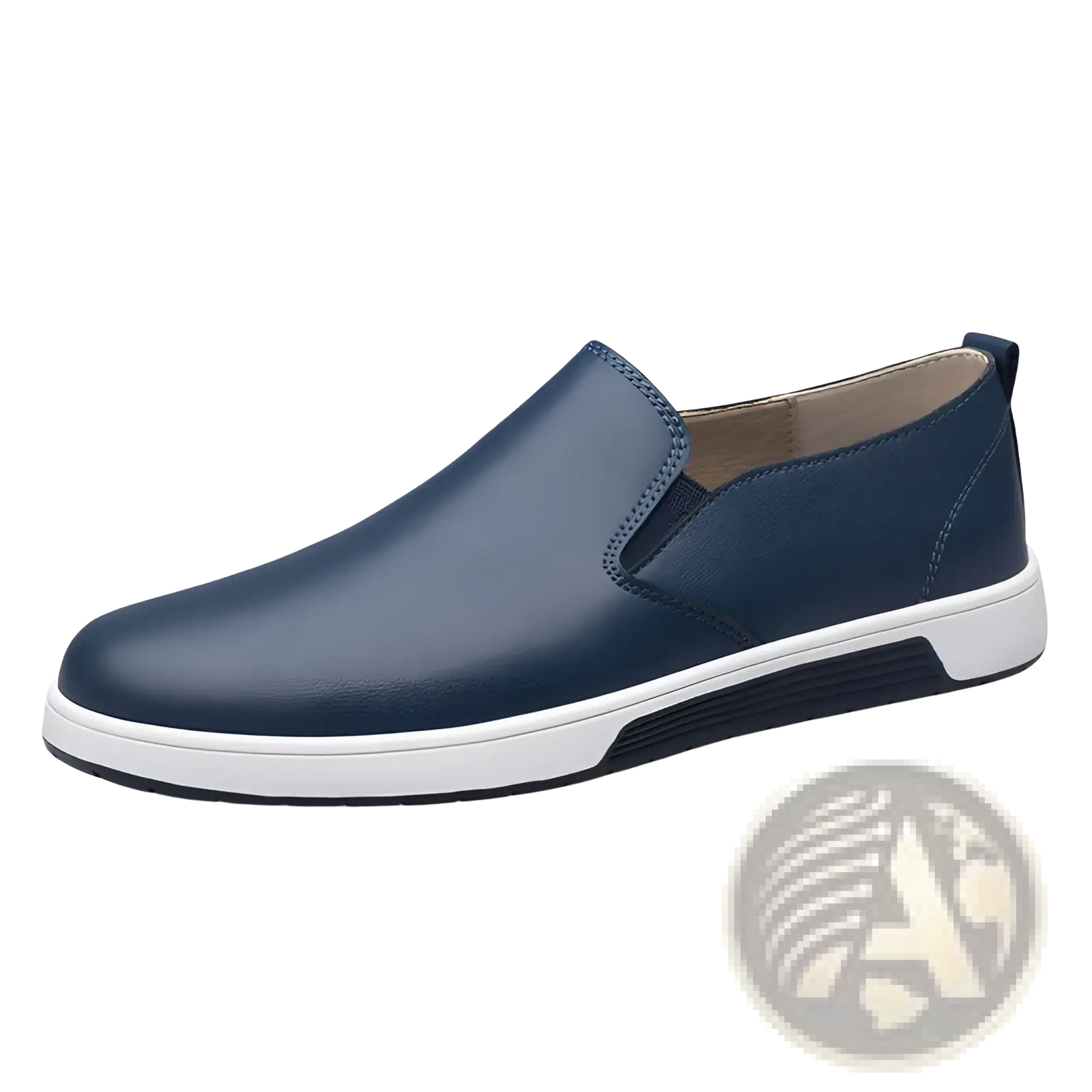 Navy blue breathable leather slip-on sneaker for men with white non-slip rubber sole