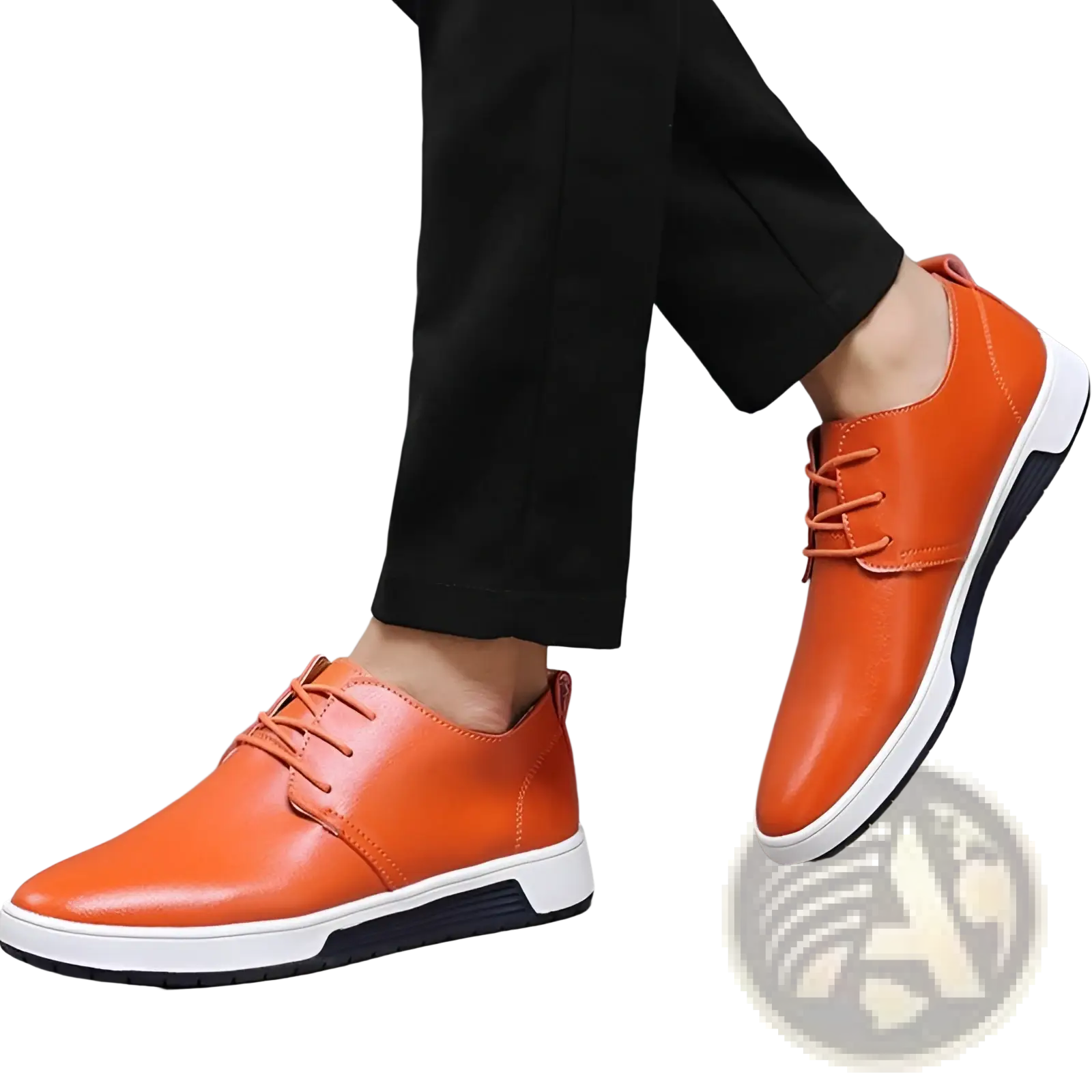 Bright orange breathable leather men’s sneakers with lace-up design and non-slip white and black soles