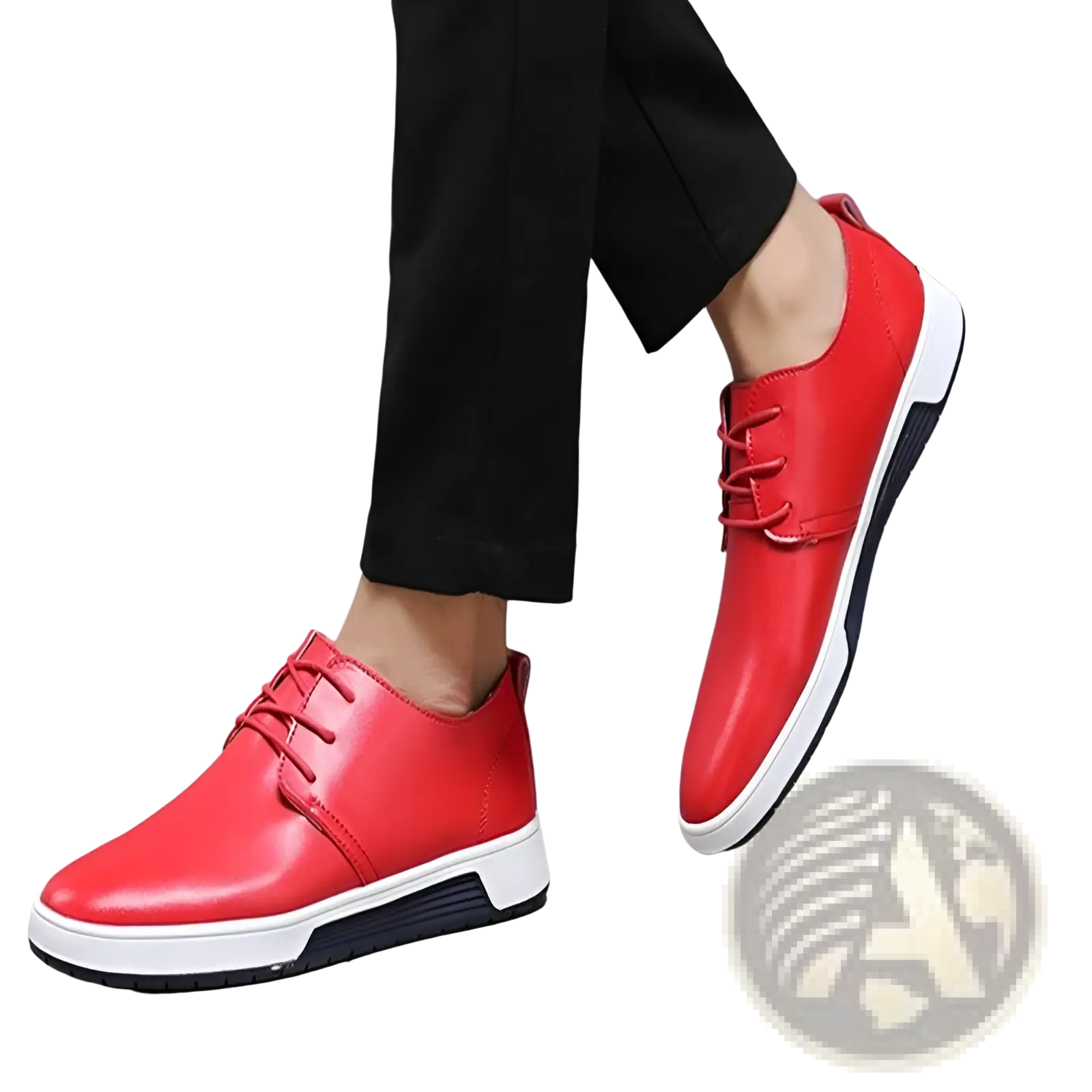 Men’s breathable bright red leather lace-up sneakers with non-slip white and black rubber sole