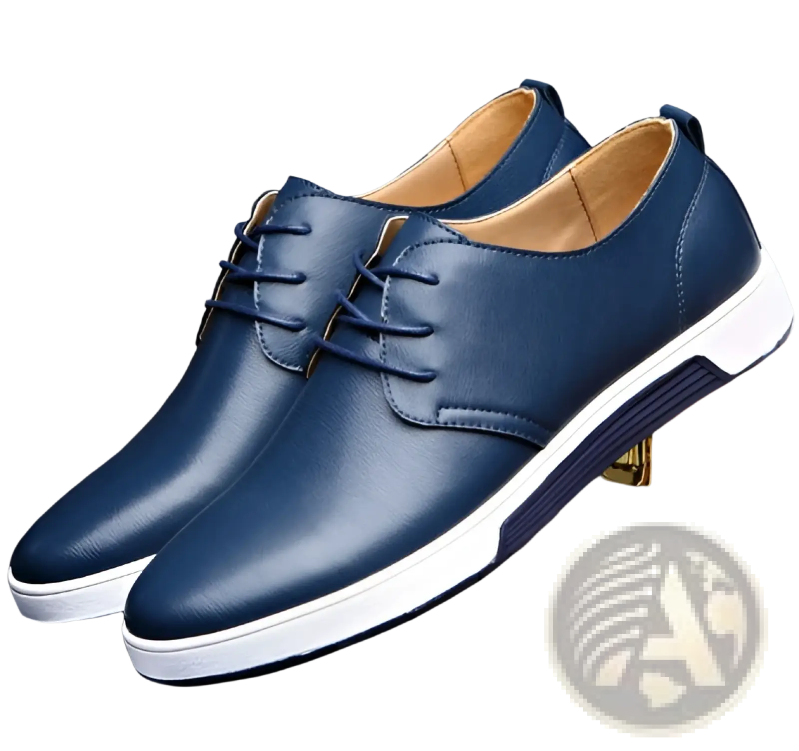 Navy blue leather men’s breathable lace-up sneakers with white non-slip rubber soles