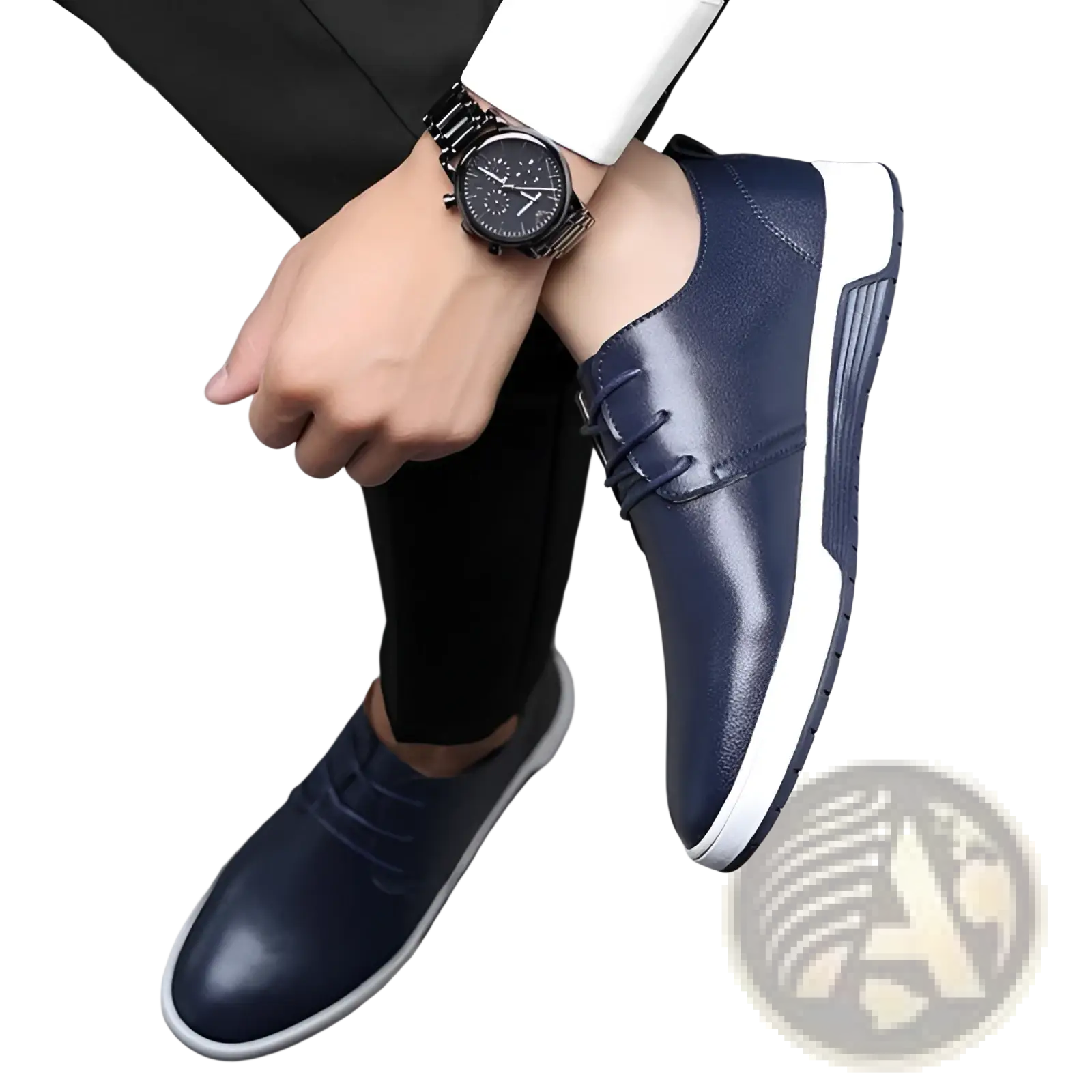 Navy blue breathable leather men’s lace-up sneakers with white rubber soles and non-slip side stripes