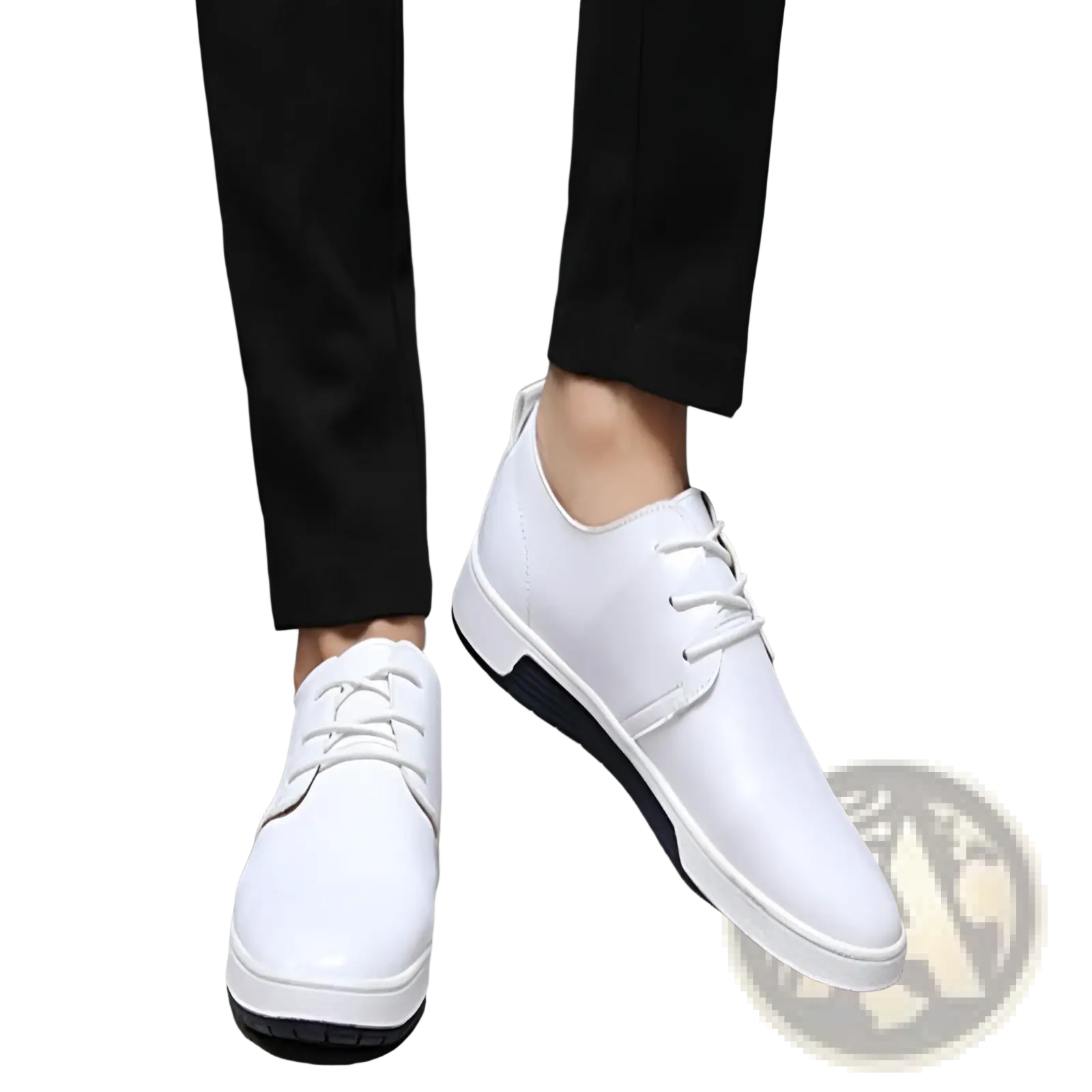 Men’s breathable white leather lace-up sneakers with black non-slip rubber soles for comfortable wear