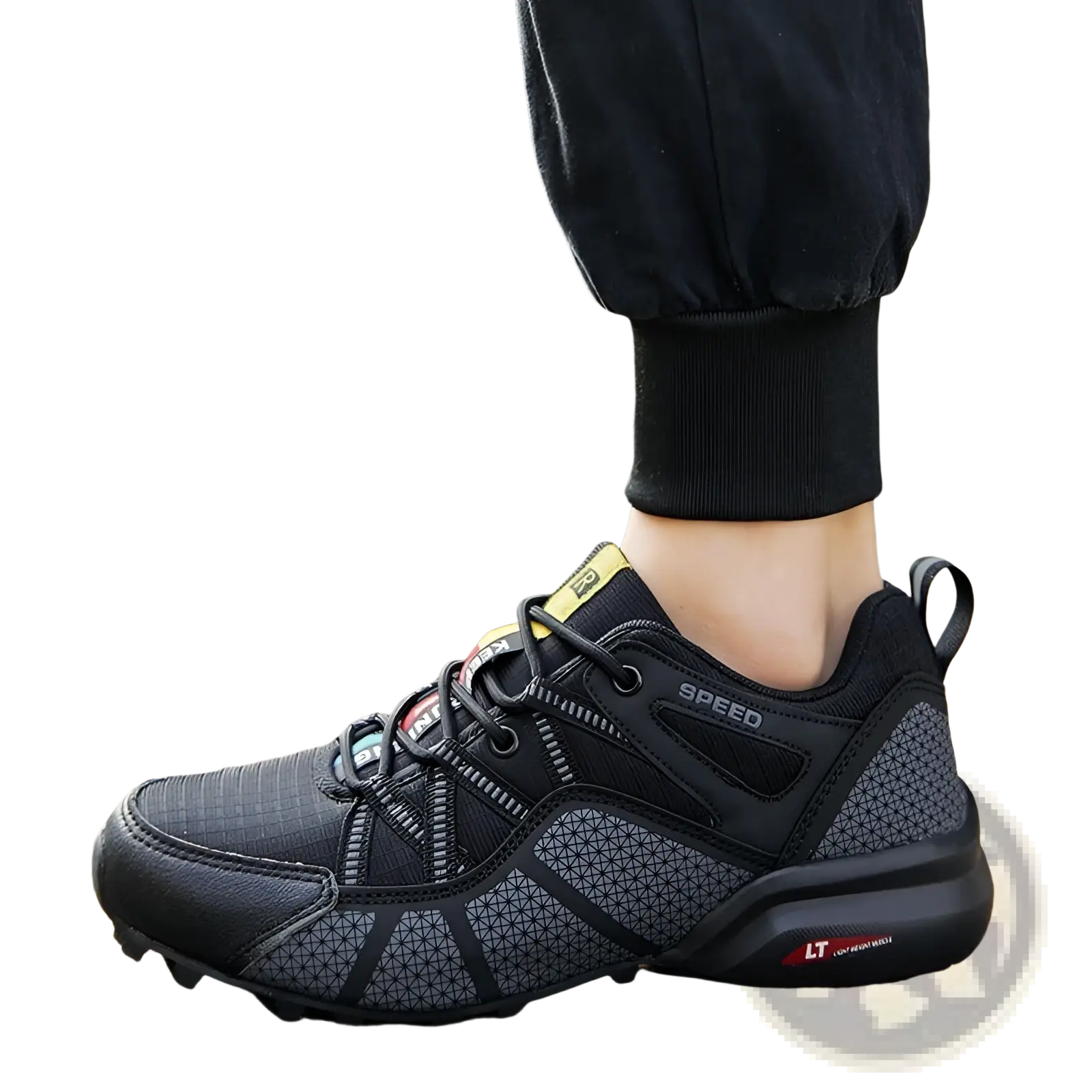 Men’s breathable mesh trail running and hiking shoe in black and gray with geometric panels and yellow speed branding