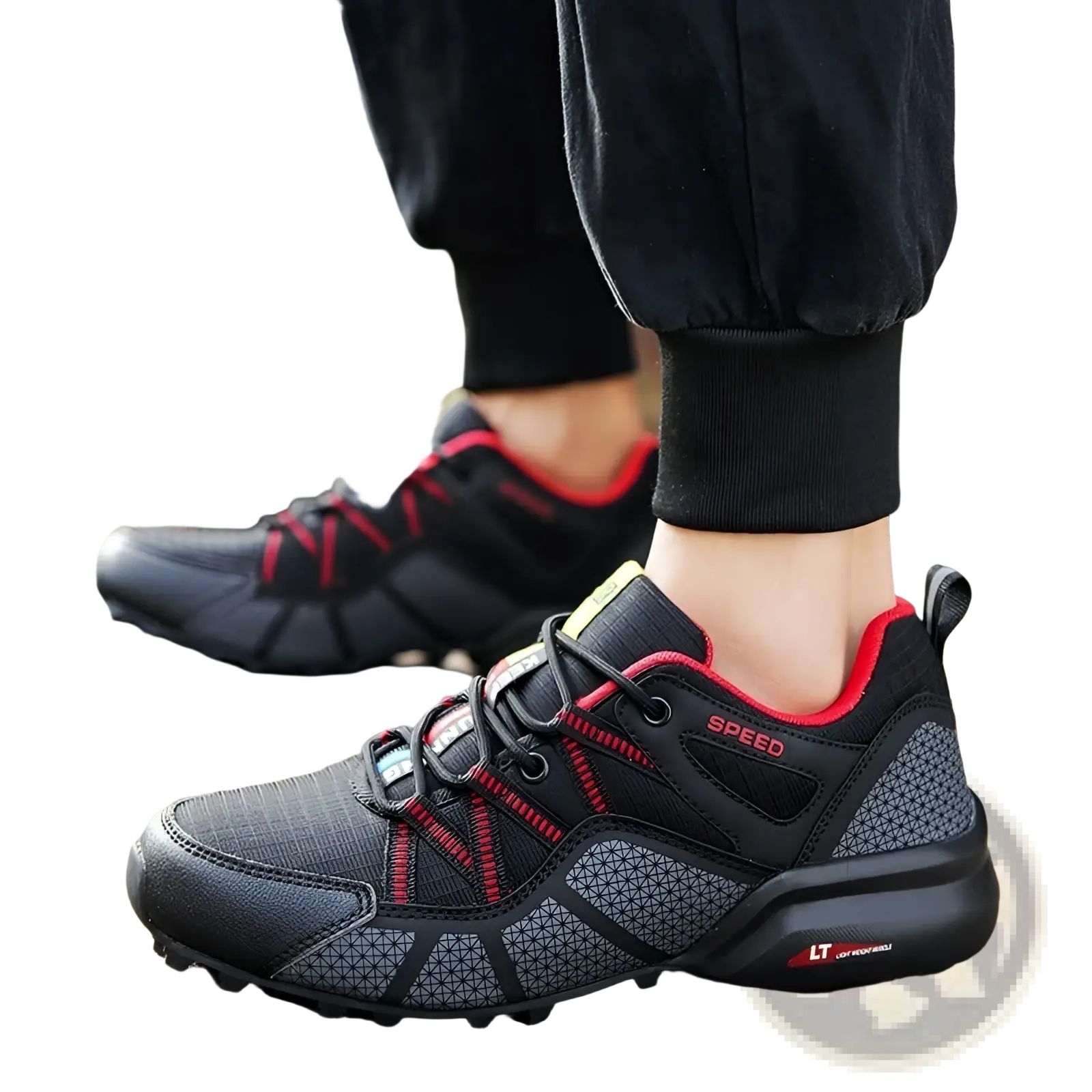 Men’s breathable mesh trail running and hiking shoes in black and red with textured upper and rugged outsole