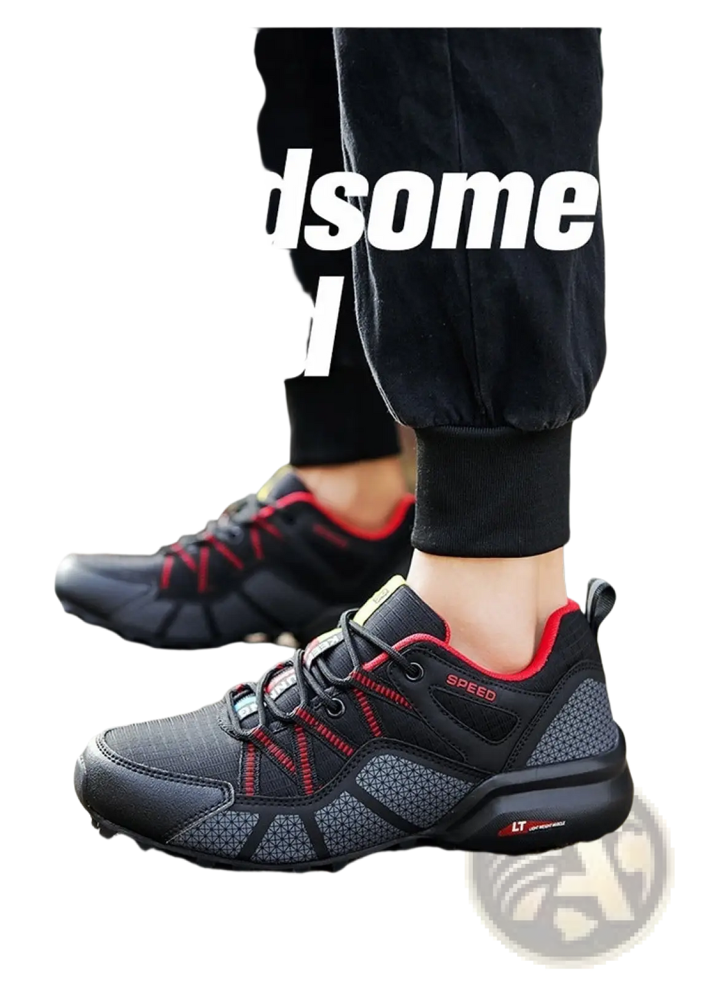 Men’s breathable mesh trail running shoes in black and red with rubber outsole and speed branding for hiking and running