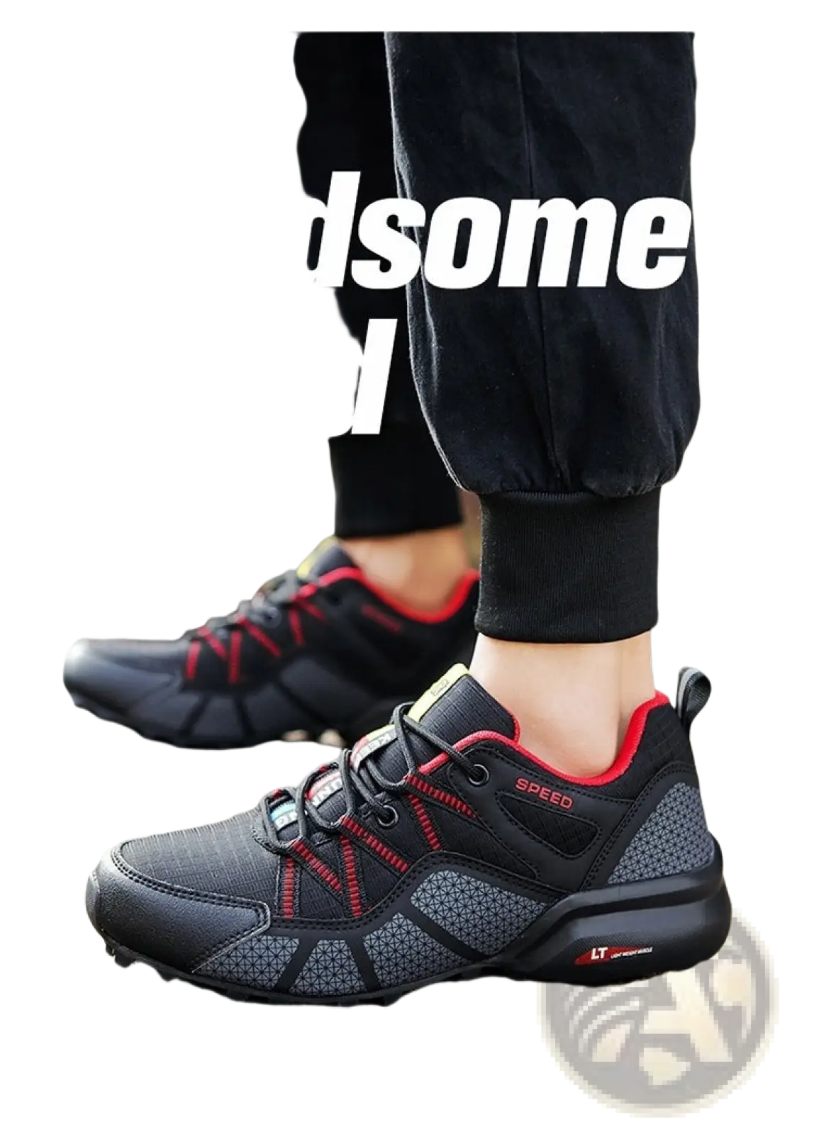 Men’s breathable mesh trail running shoes in black and red with rubber outsole and speed branding for hiking and running