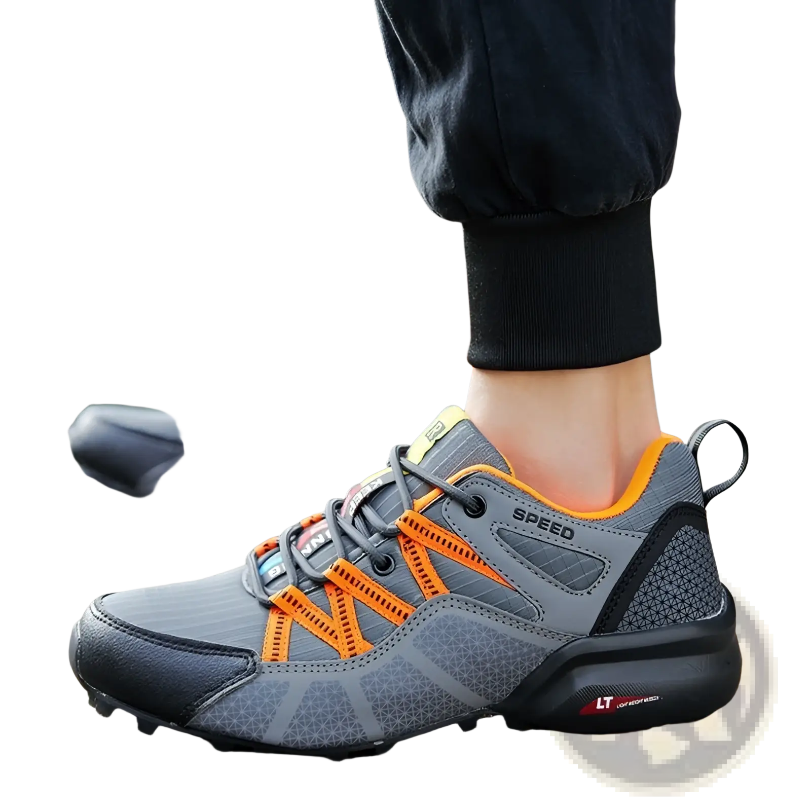 Men’s breathable mesh trail running and hiking shoes in gray and orange with textured upper and black rubber sole